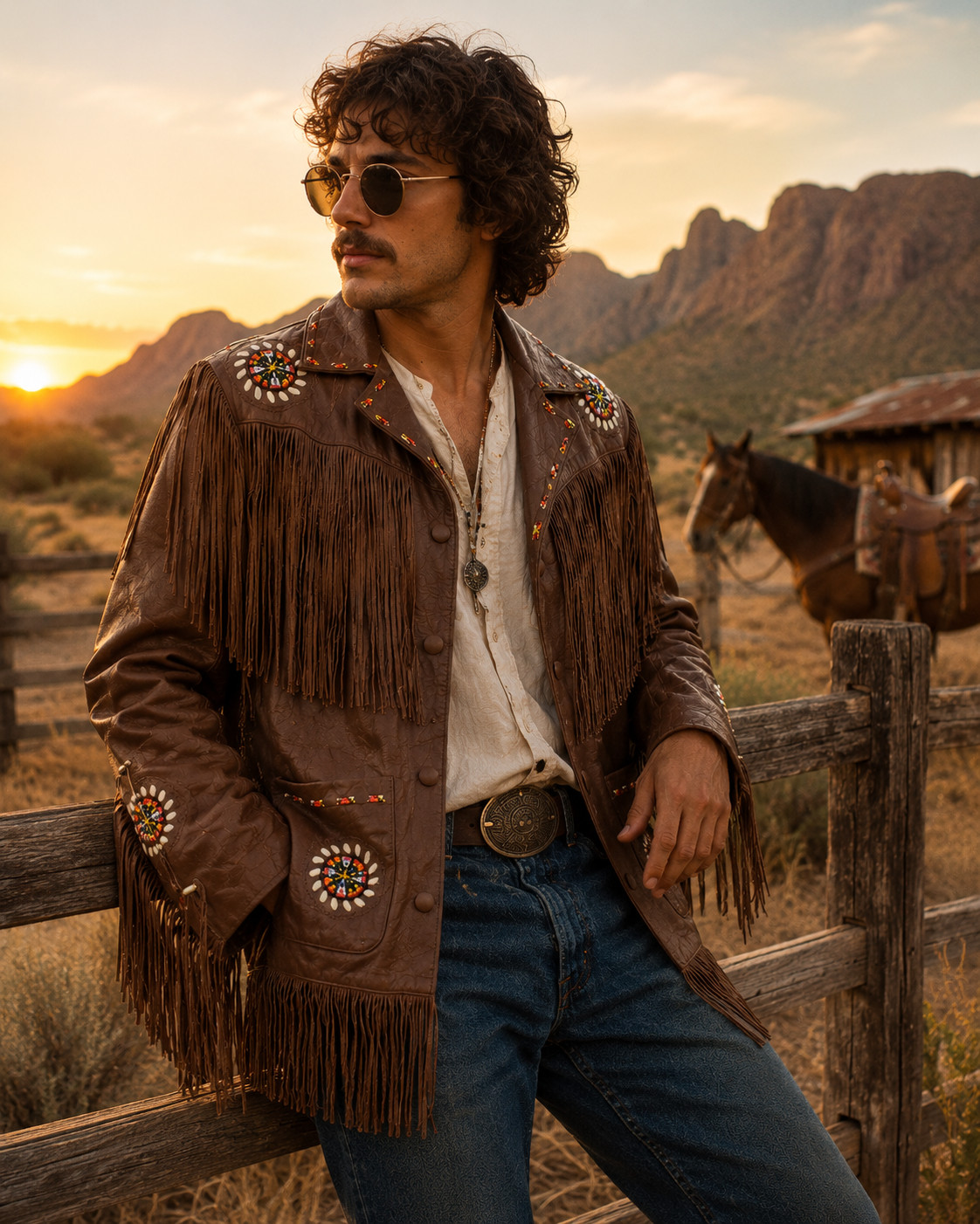 Vintage 70s Lariat Leather Fringe Jacket Beaded Western Cowboy Hippie Ranch USA