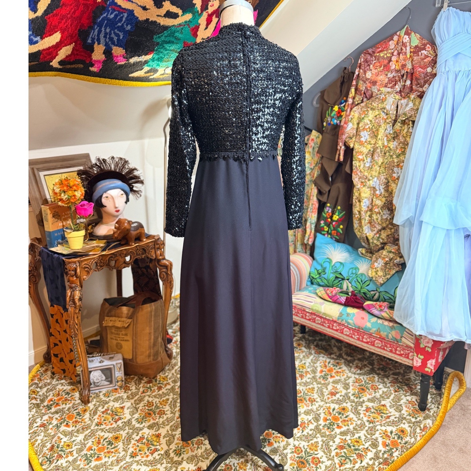 Stunning VTG 1960s Black Sequin Mock Neck Long Sleeve Maxi Evening Dress Size 14