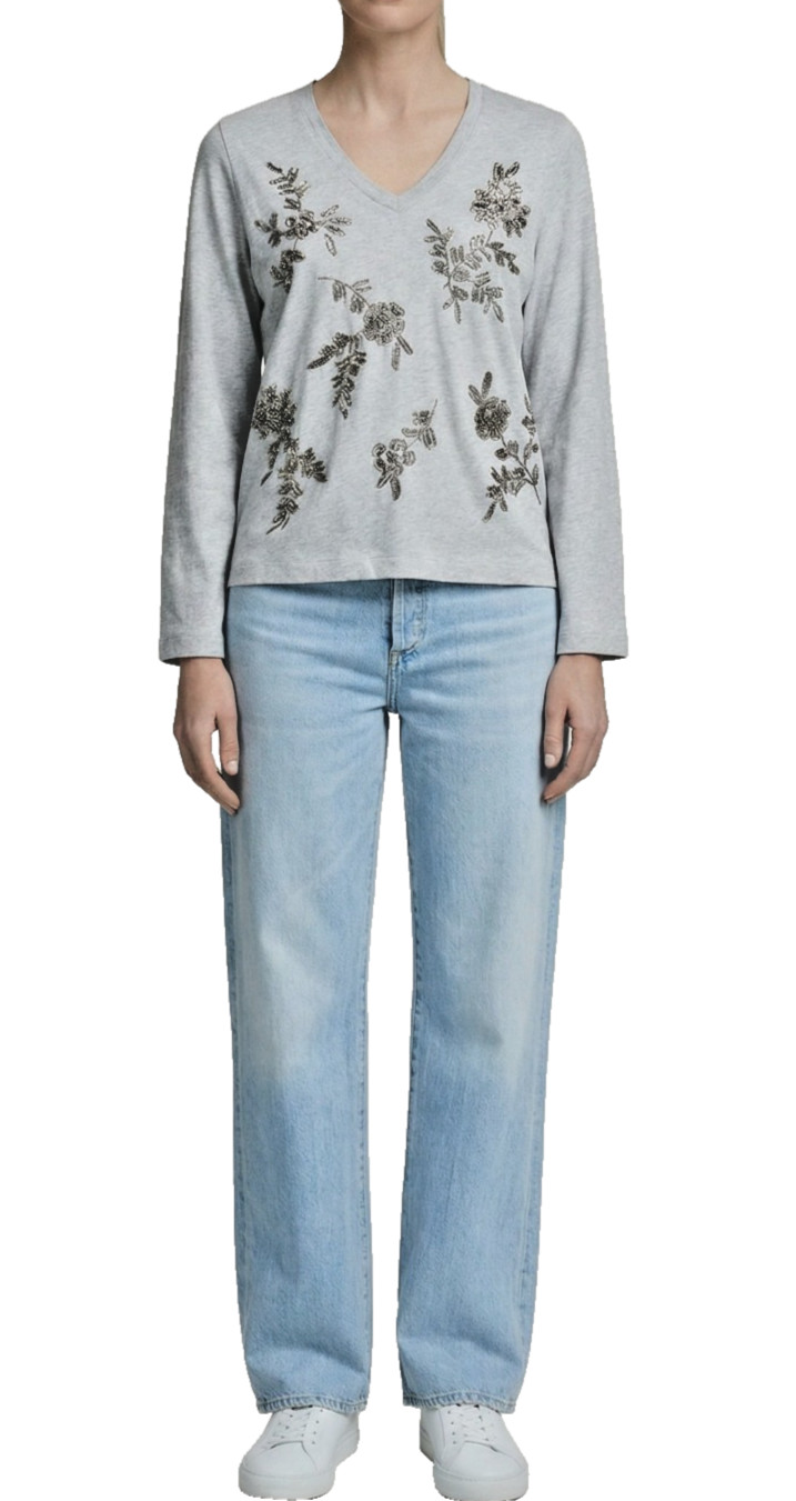 Johnny Was Heather Kimono Sleeve Tee Femke Beaded Cotton XL ⭐ Heather Grey NWT