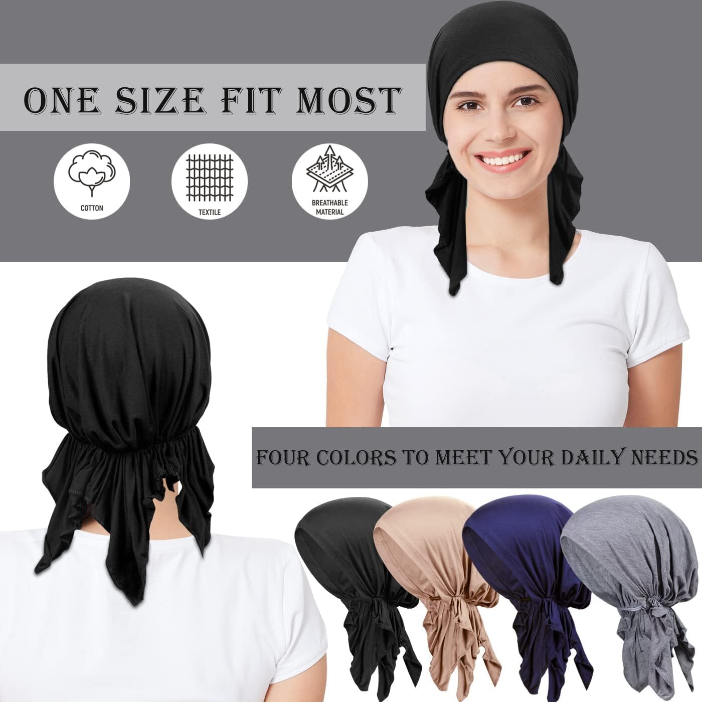 4 Pieces Soft Cotton Chemo Headwear for Women, Stretch Pre-Tied Style-1