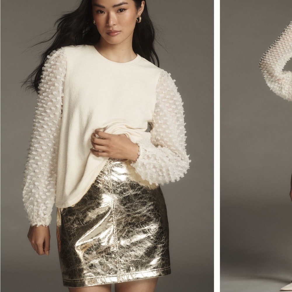 Anthropologie Maeve Textured Long Sleeves Ivory Top Blouse Size M Romantic