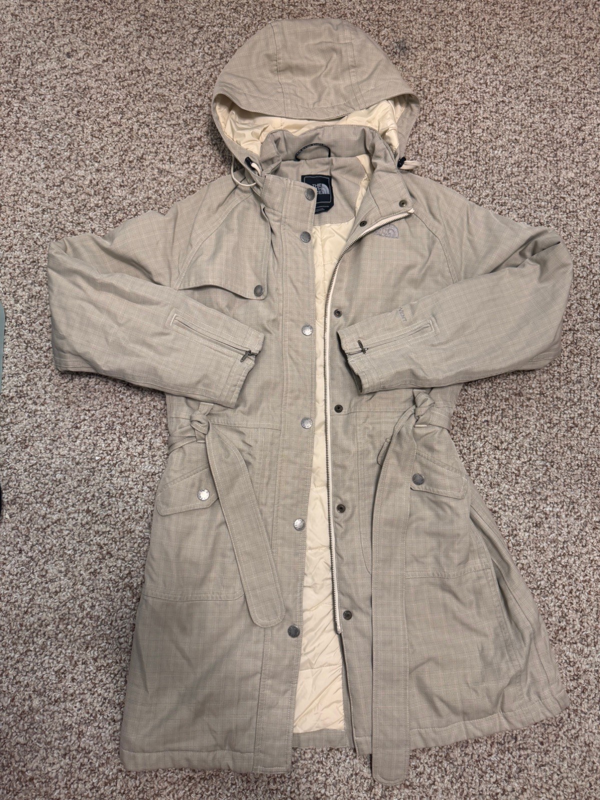 The North Face Womens Beige Plaid Insulated Trench Coat Hooded Belted Parka