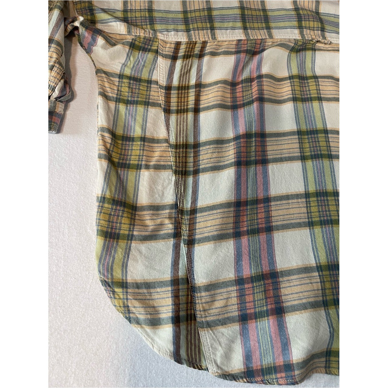 American Eagle Oversized Plaid Button-Up Shirt in Cream, Olive & Pink