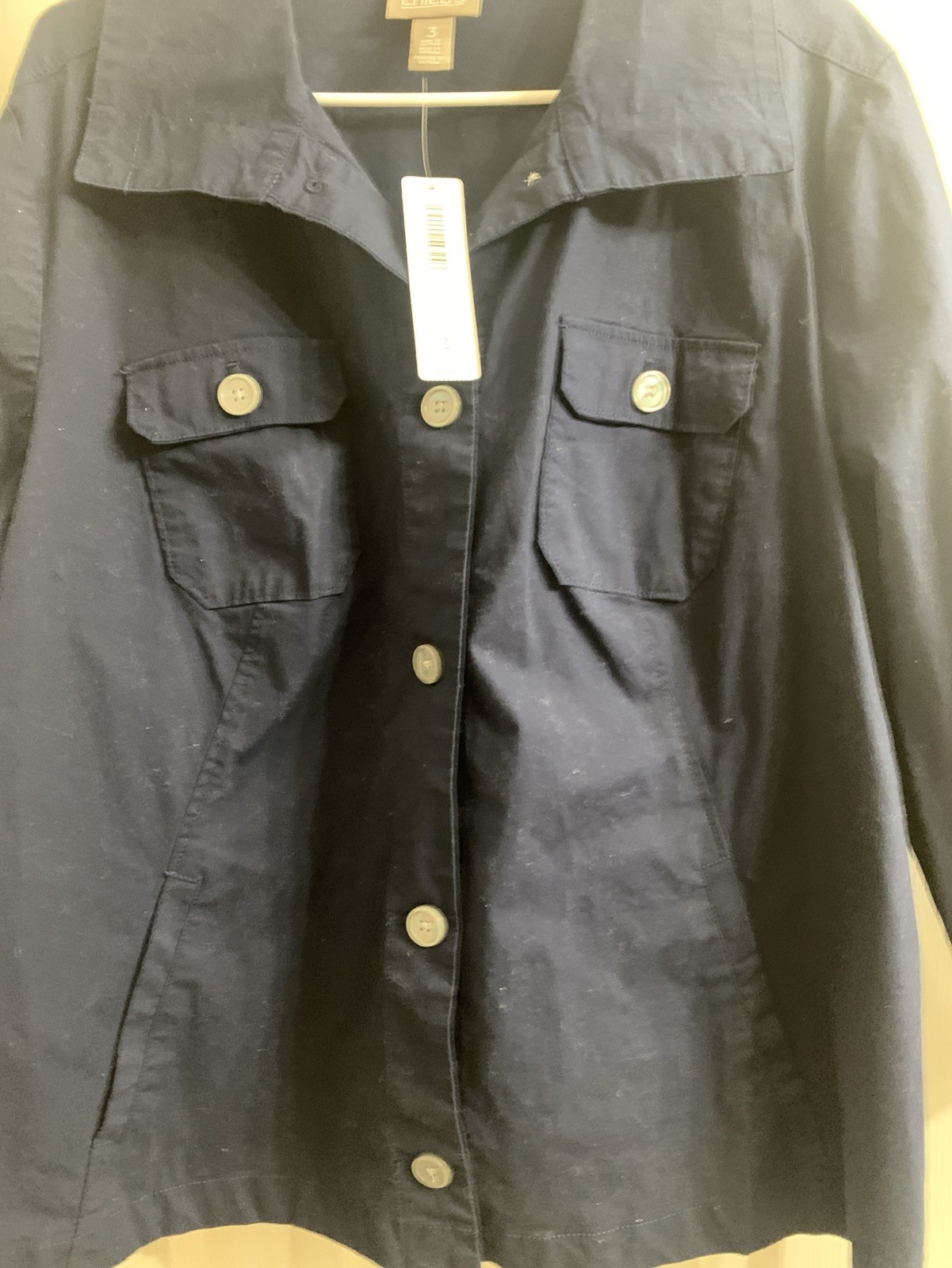 CHICO’S NWT JACKET 3QTR SOLID DEEP NAVY BUTTON FRONT W/POCKETS