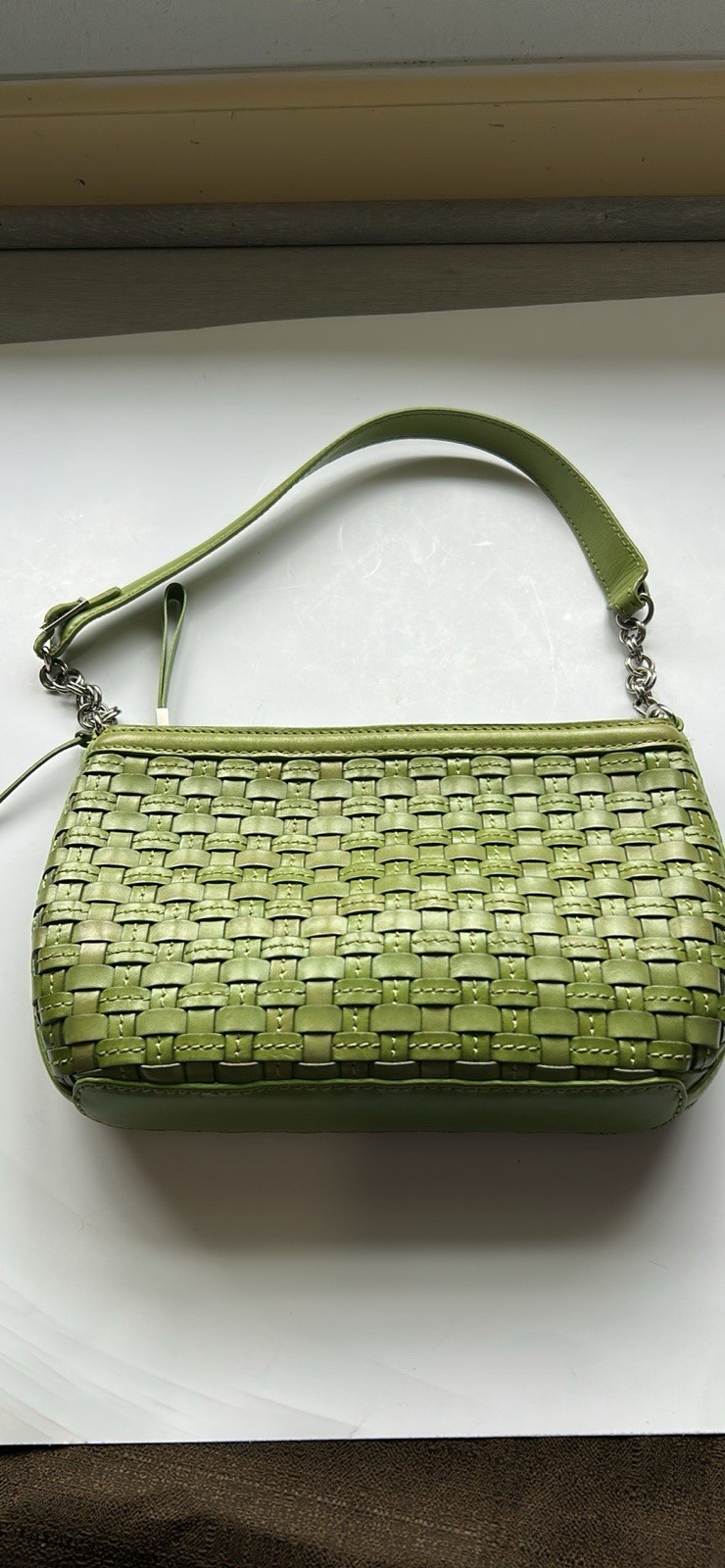 Elliott Lucca Green Woven Zip Shoulder Bag Chain Strap Detachable Lined