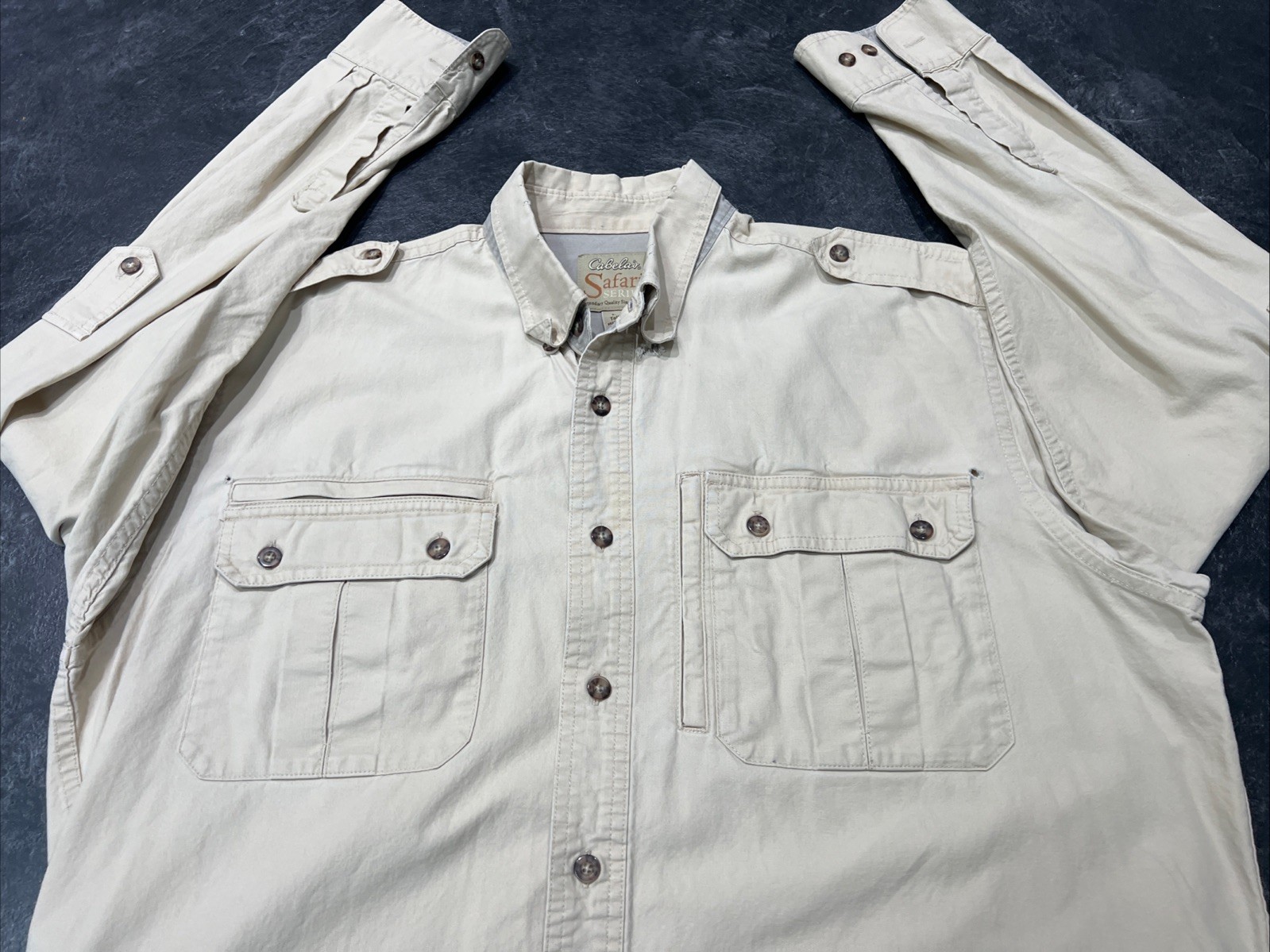 Cabelas Shirt Mens Large Tall LT Khaki Cotton Safari Zip Button Down
