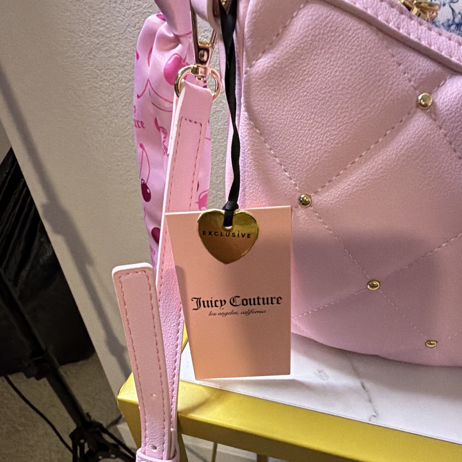 Juicy Couture Pink Crescent Shoulder Bag Quilted Logo Zip Gold HW Heart Charm