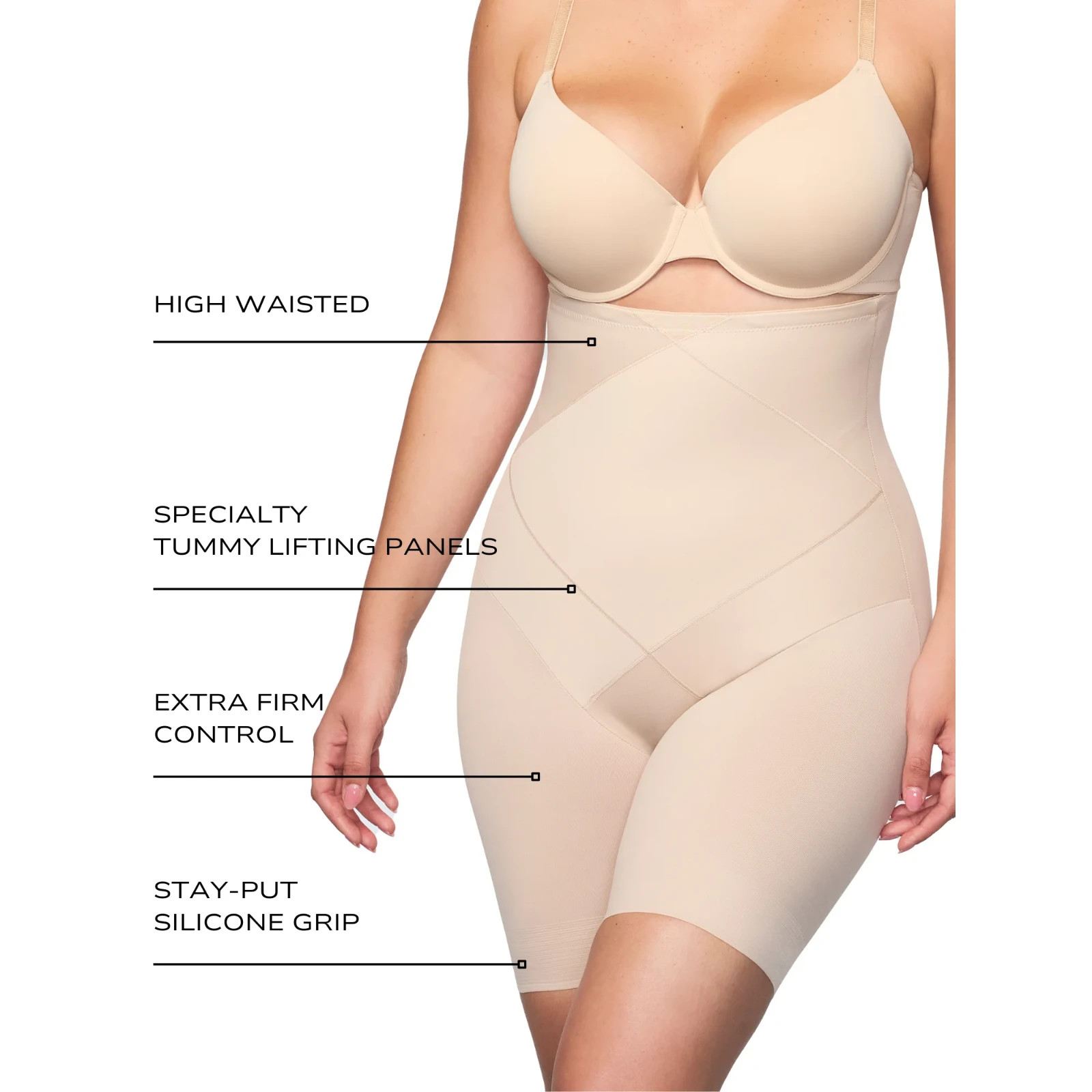 Cupid Extra Firm Control Hi Waist Thigh Slimmer, Tummy Tuck Black