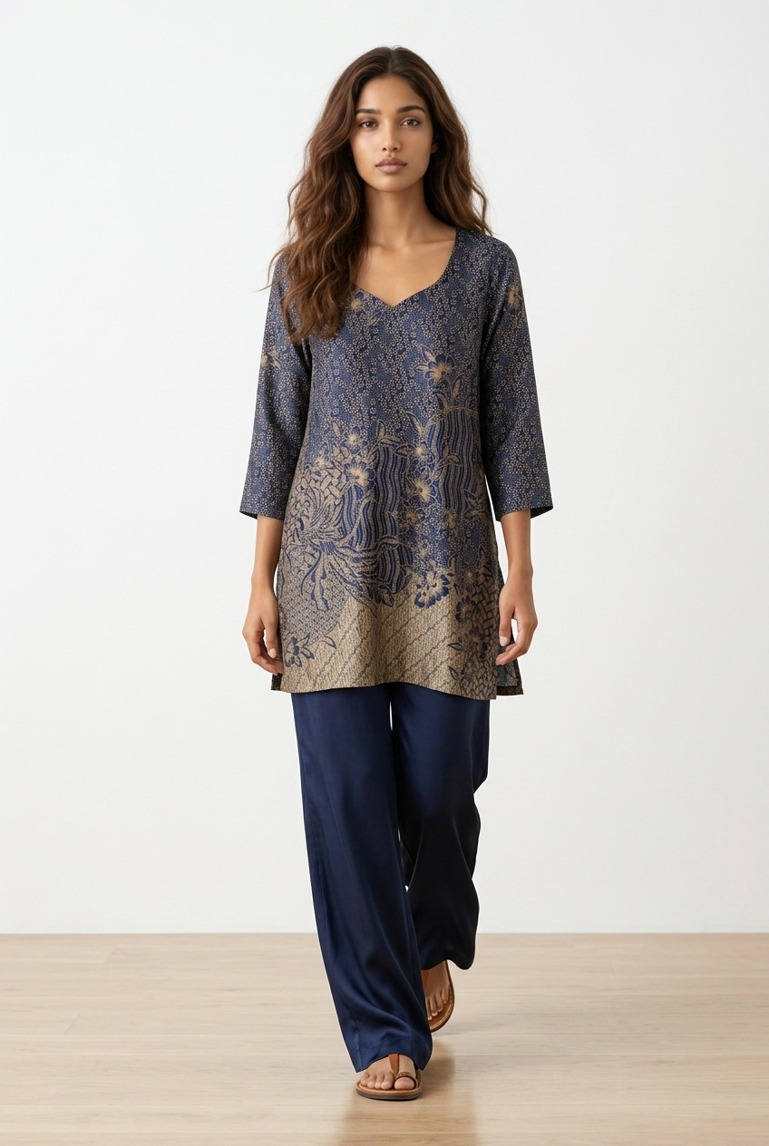 Mido Batik Halus Pure Linen Silk V-Neck Tunic Top