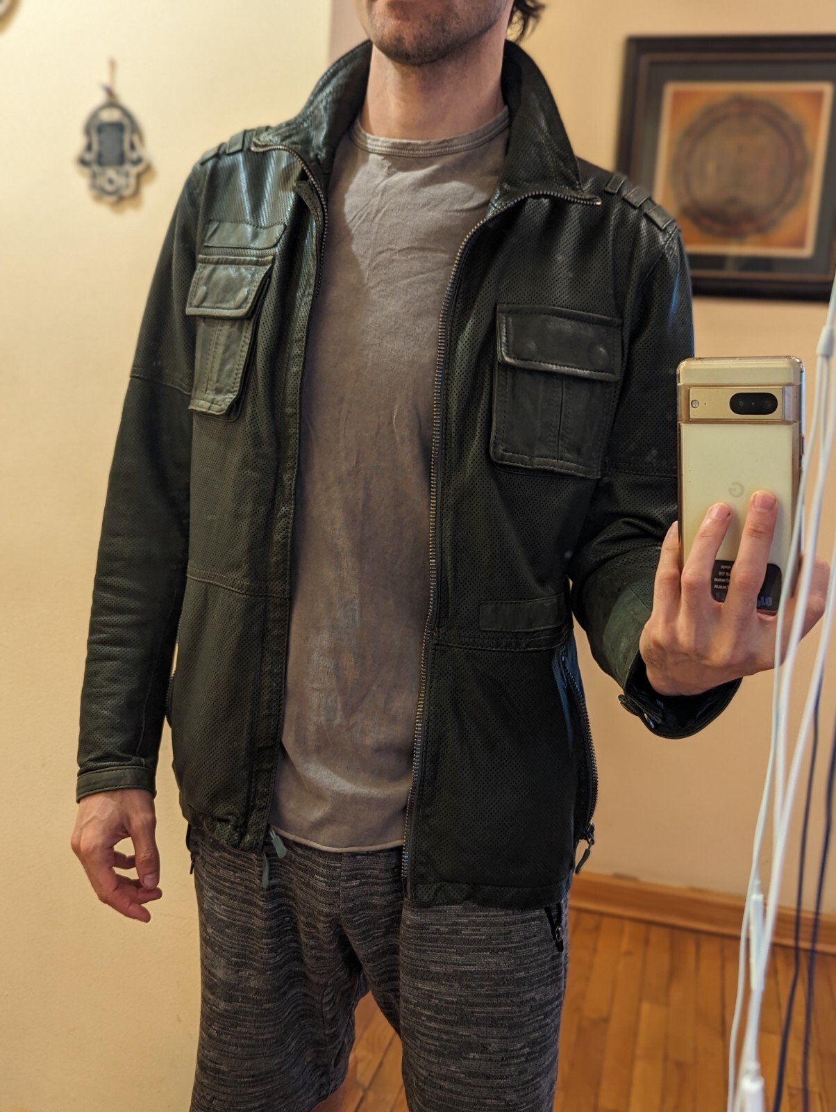 Benheart Italian Leather Jacket, Euro Size 48 Rare Perforated Dark Green (Verde)