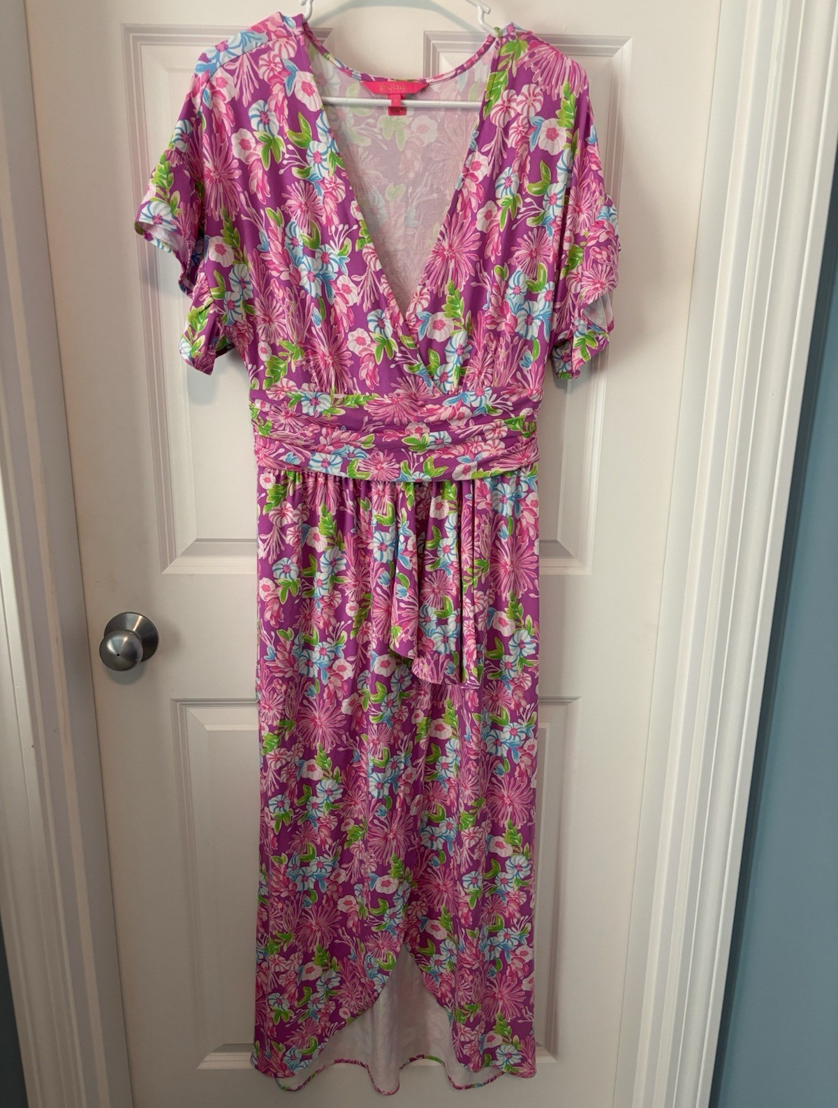 Lilly Pulitzer Anchorage Faux Wrap Midi Dress Amethyst Mom’s the Word Size M EUC