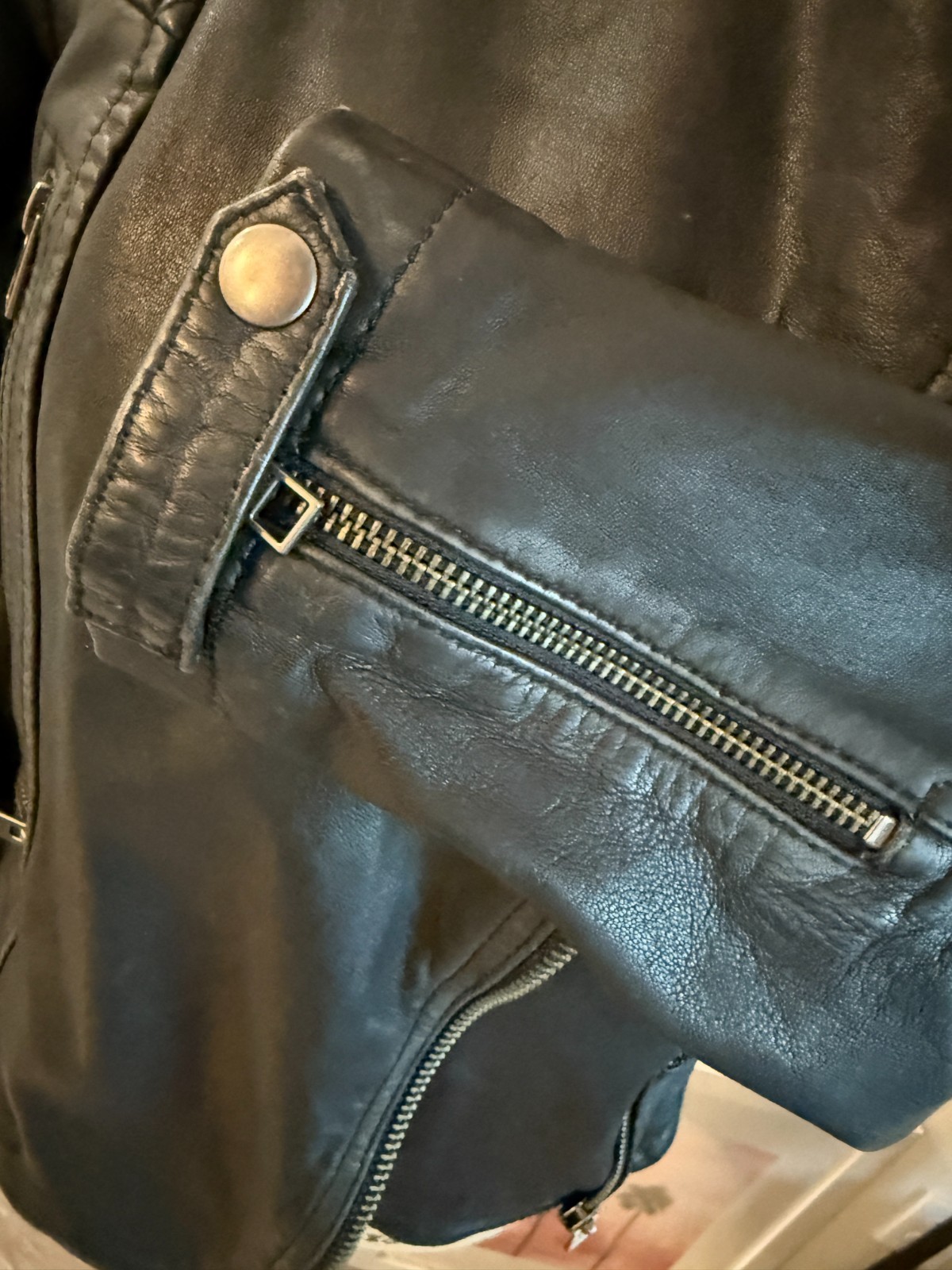 AllSaints Cargo Biker Black Leather Moto Jacket Women US 0 Distressed