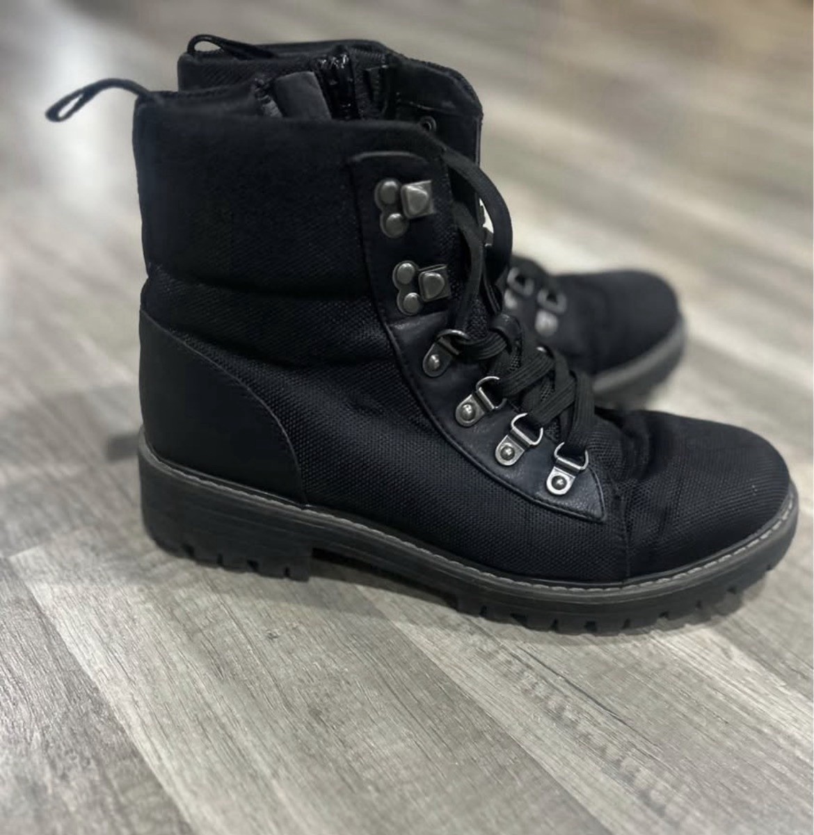 Black womens Ankle Combat Boots Lace-Up with Zipper and Metal Hardware