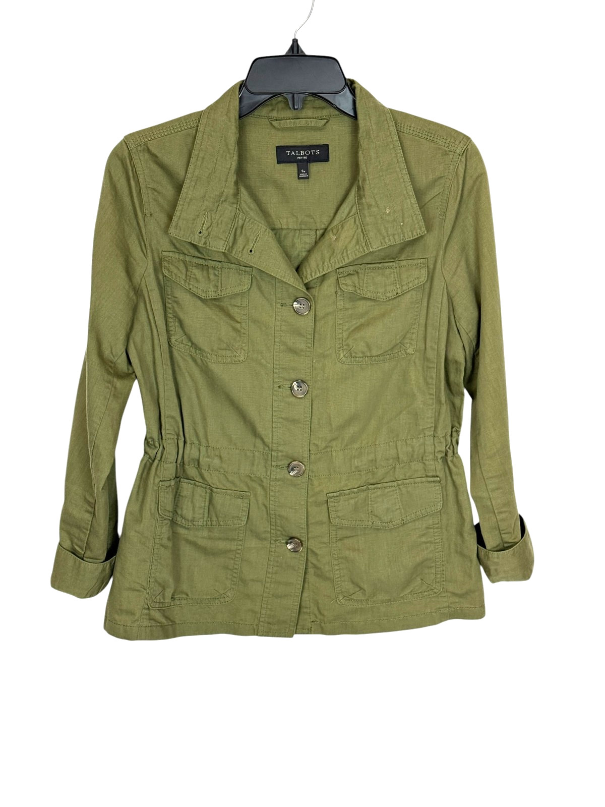 Talbots jacket sz Sp olive green military utilitarian safari cotton linen blend