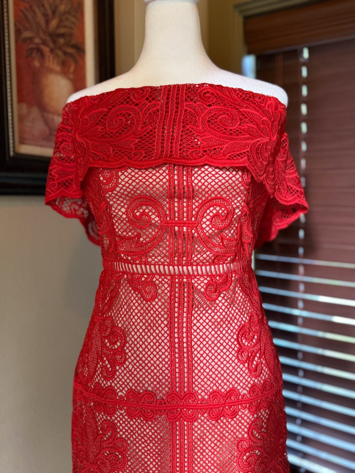 Stylestalker Small Stella Lace Off Shoulder Midi Pencil Dress Red Nude Lace