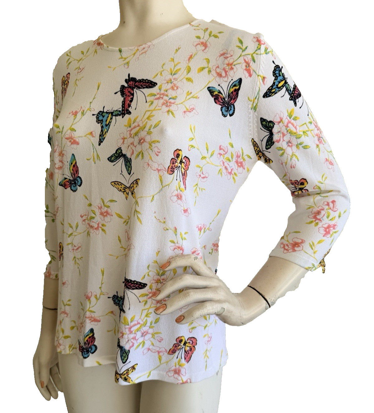 NWT JOSEPH A. Sweater Top White Butterfly Floral Print Viscose 3/4 Sleeve XL