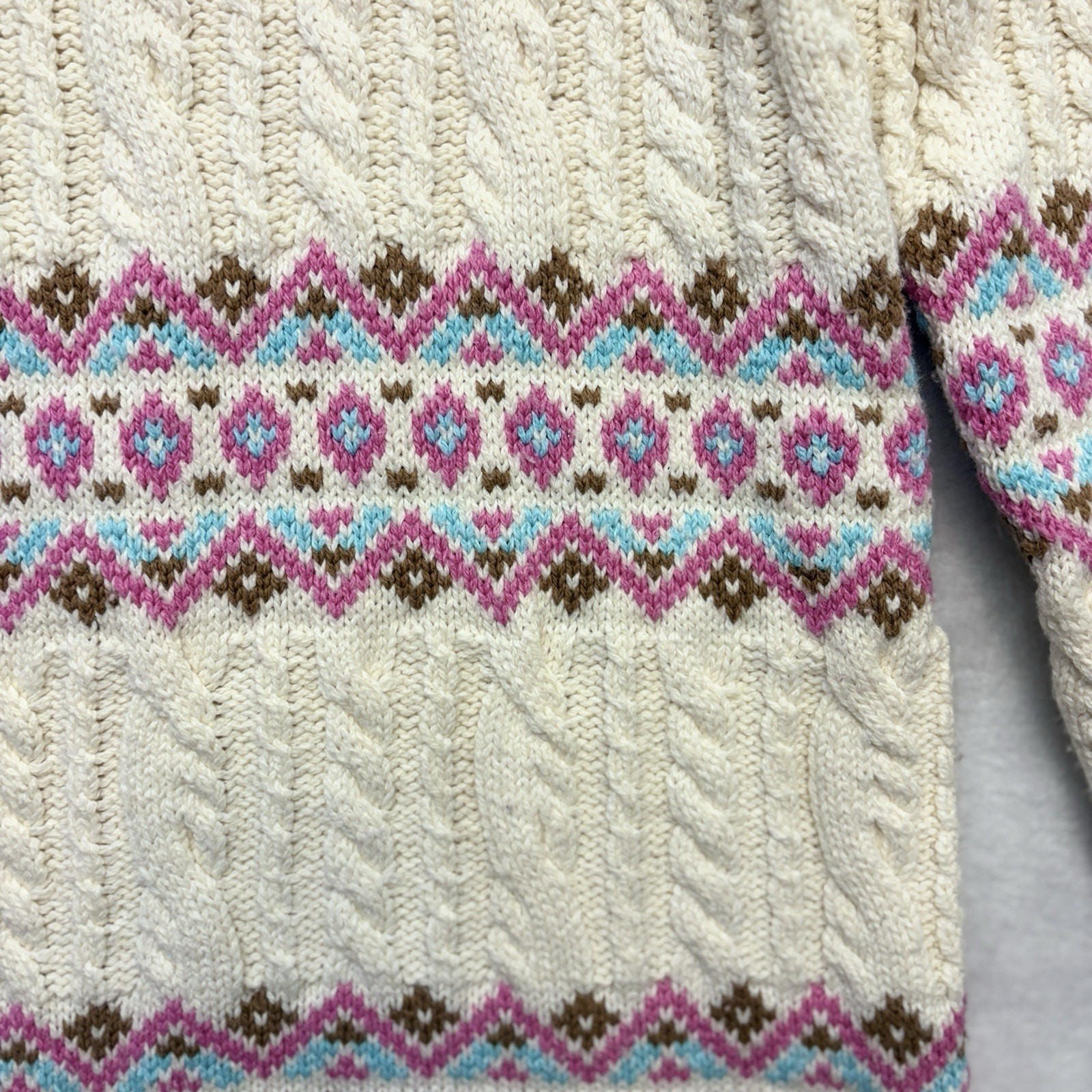 Lands End Fair Isle Cable Knit Sweater Tunic Ivory Pink Blue Women’s Size S