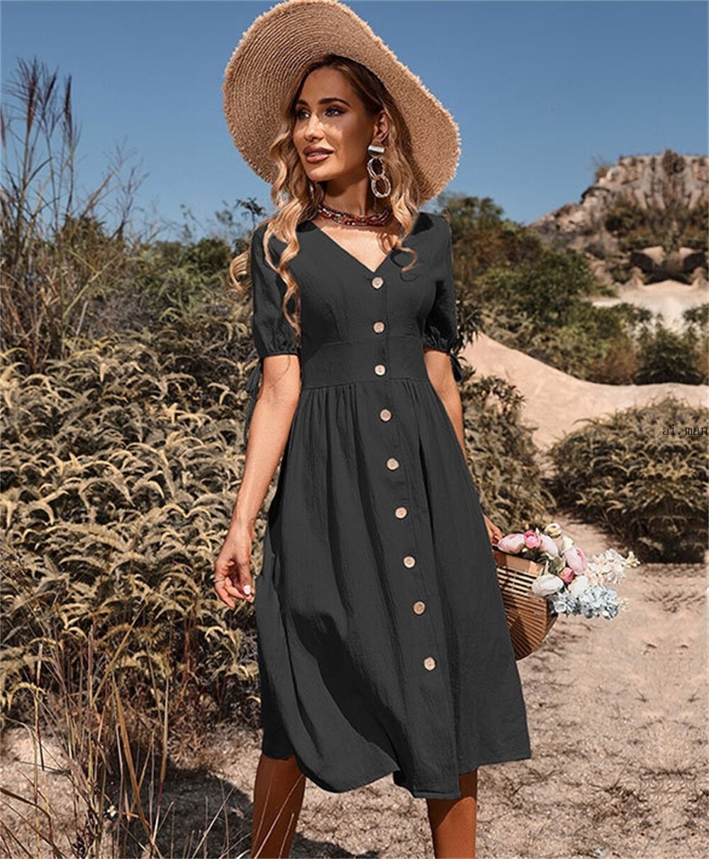 Women Summer Midi Dress Casual V Neck Short Sleeve Flowy Solid Color Dress