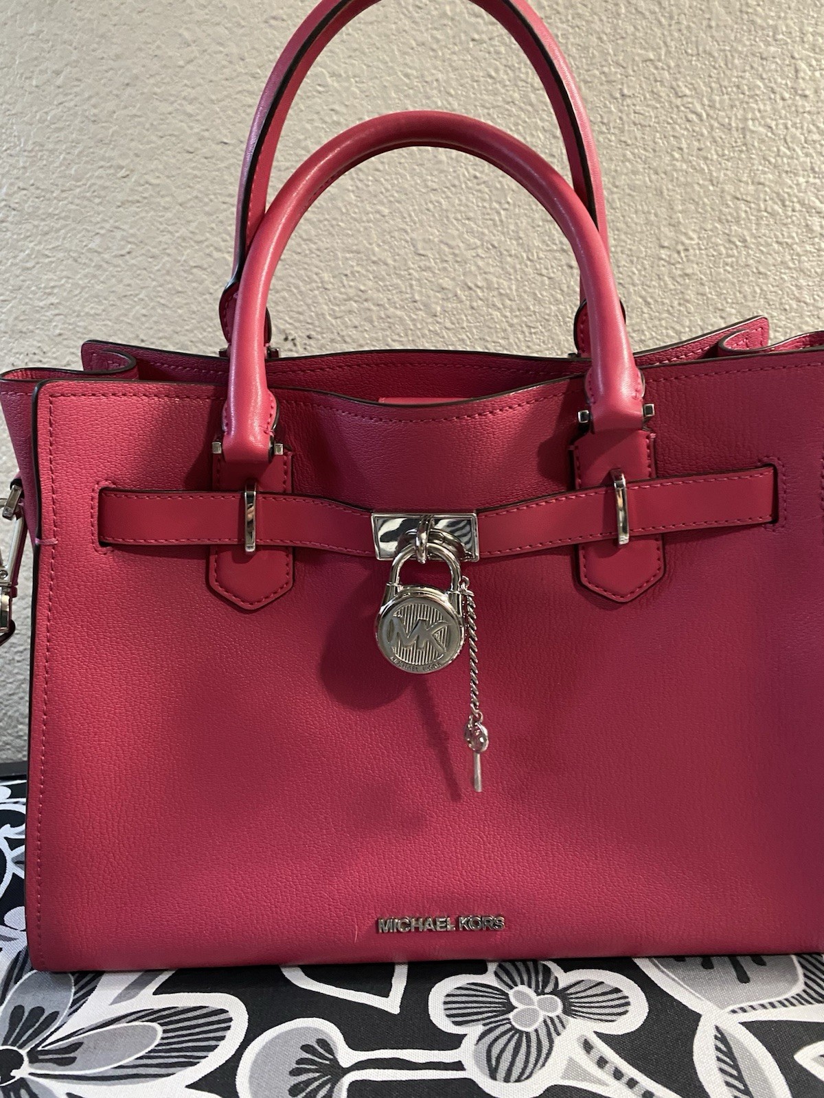 Michael Kors Hot Pink Satchel Top Handle Lock Key Detachable Adjustable Strap