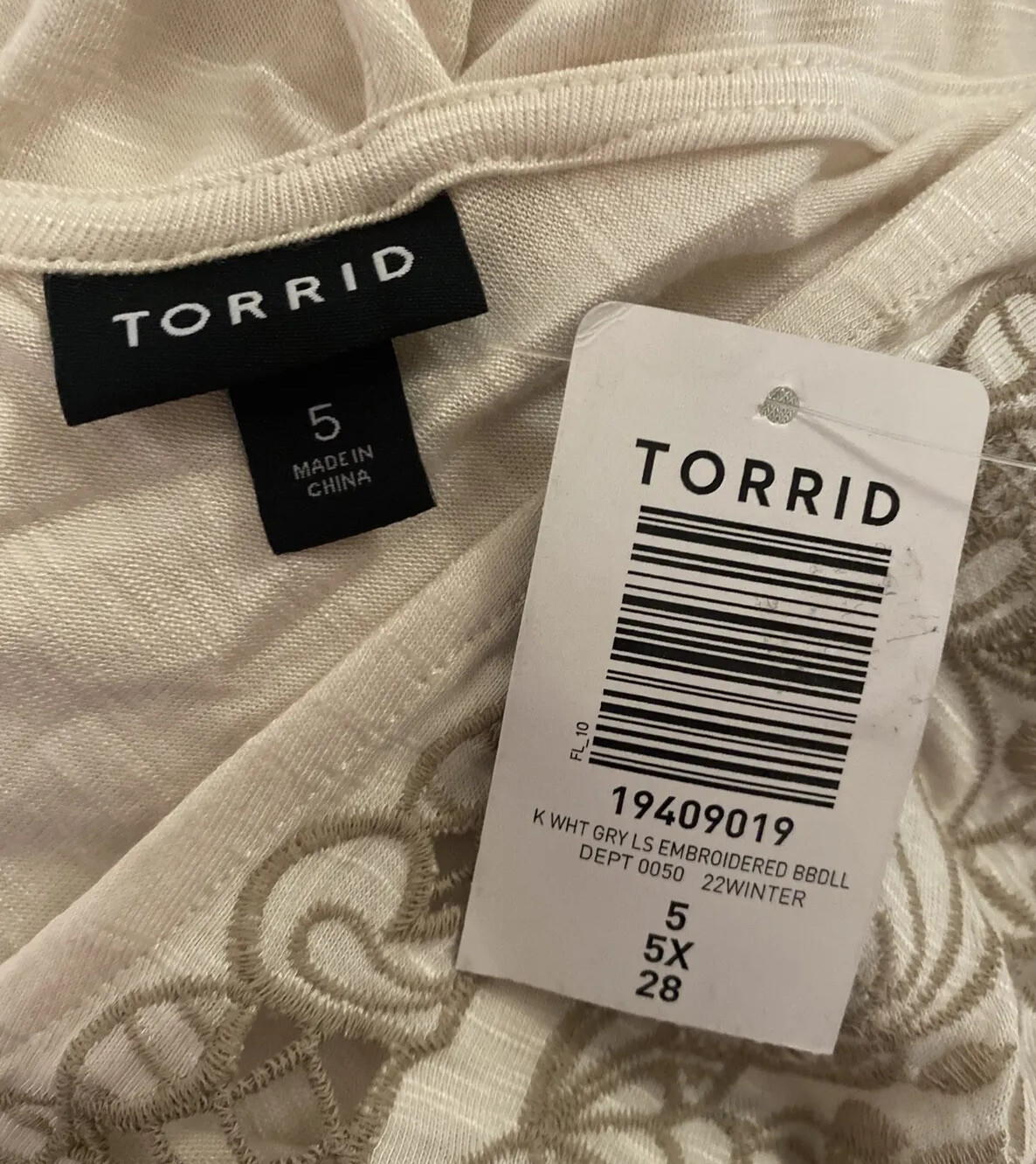 TORRID LONG SLEEVE BLOUSE TOP EMBROIDERED BABYDOLL SHIRT 5 5X 5XL 28 NEW