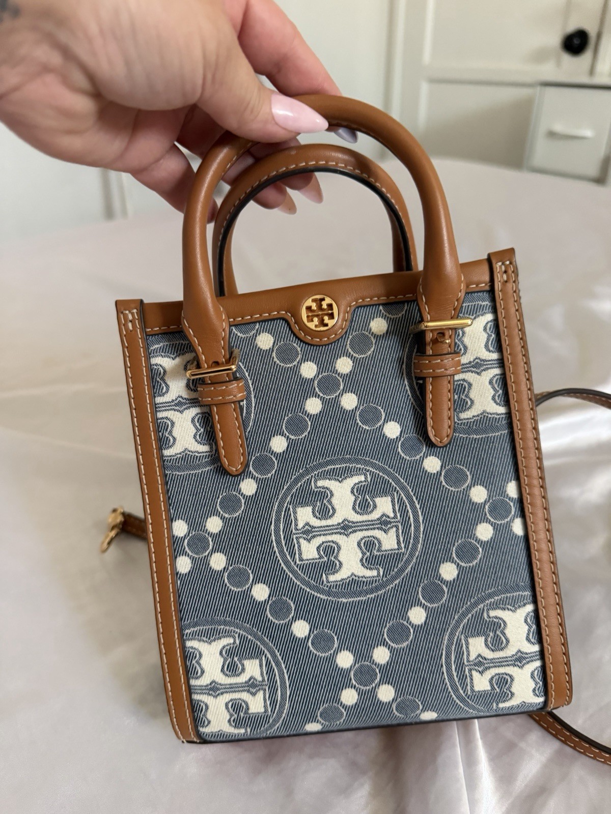 Tory Burch T Monogram Mini Tote Blue/Brown With Matching Wallet