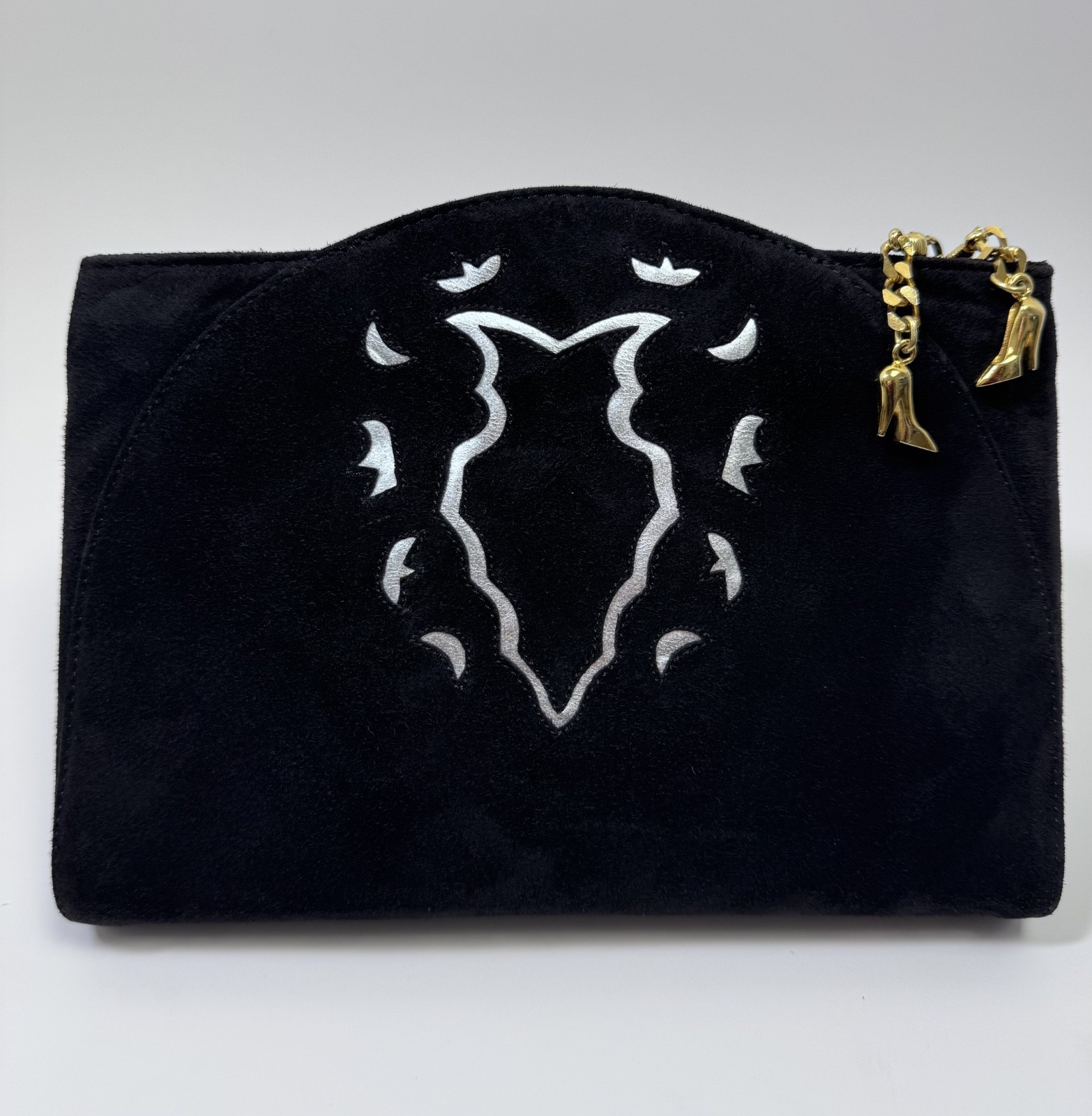 Vintage Maud Frizon Paris Black Suede Clutch Signature Gold Stiletto Heel Charm
