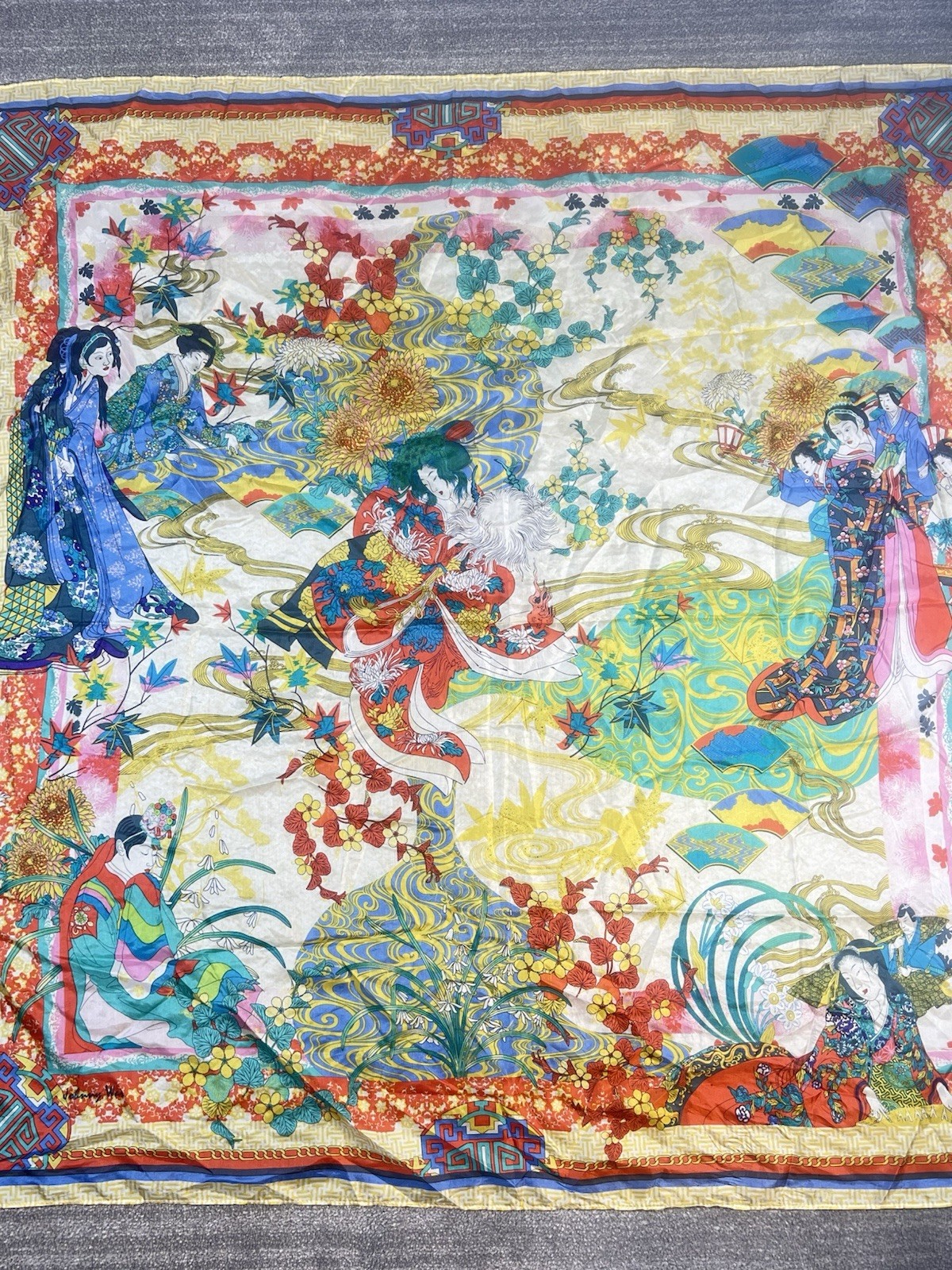 Beautiful Johnny Was Square Silk 43” Scarf Or Wrap Tassels Geisha Asian Oriental