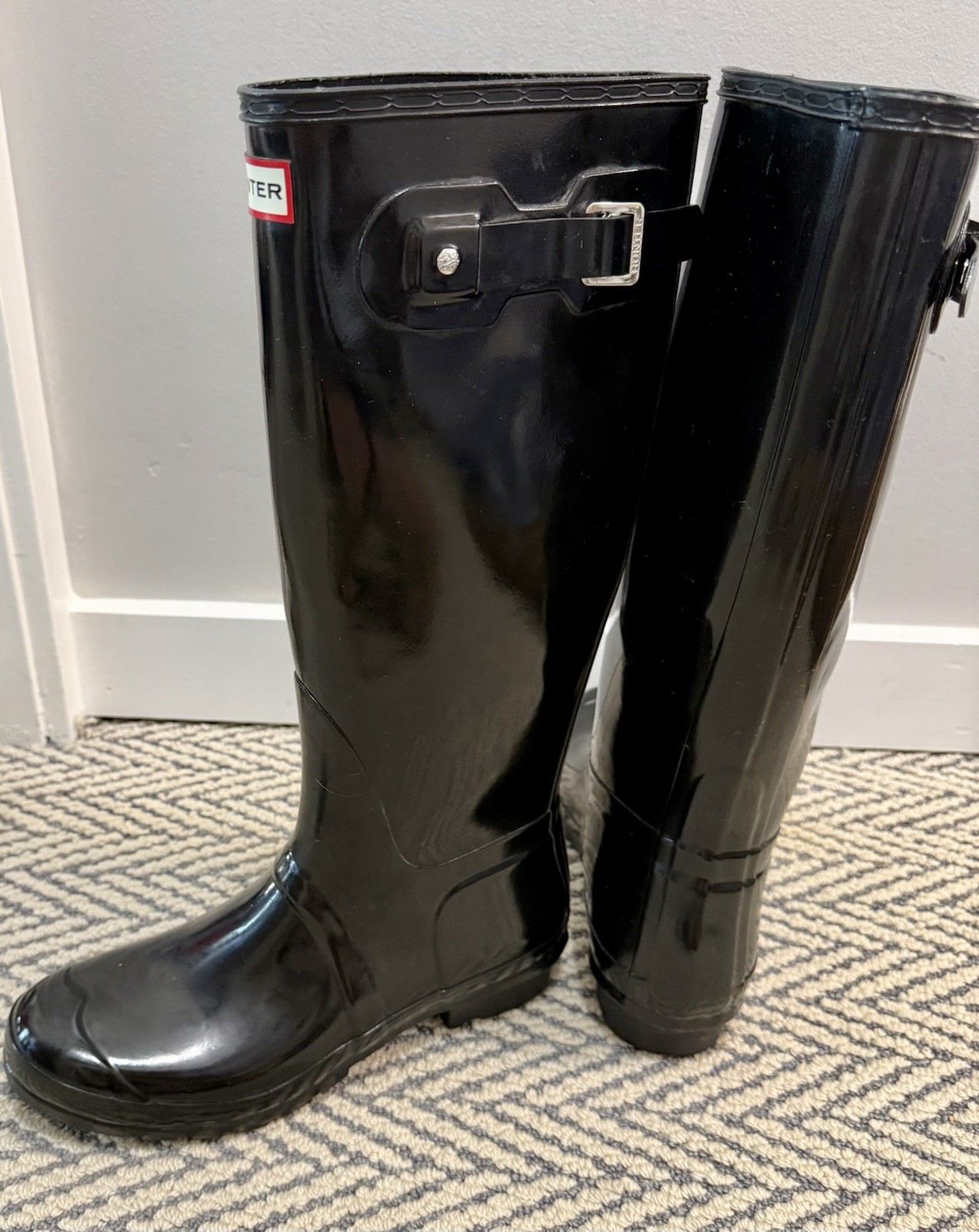 Hunter Womens 11 Boots Original Tall Back Rubber Wellies Shoes – Gloss Black New