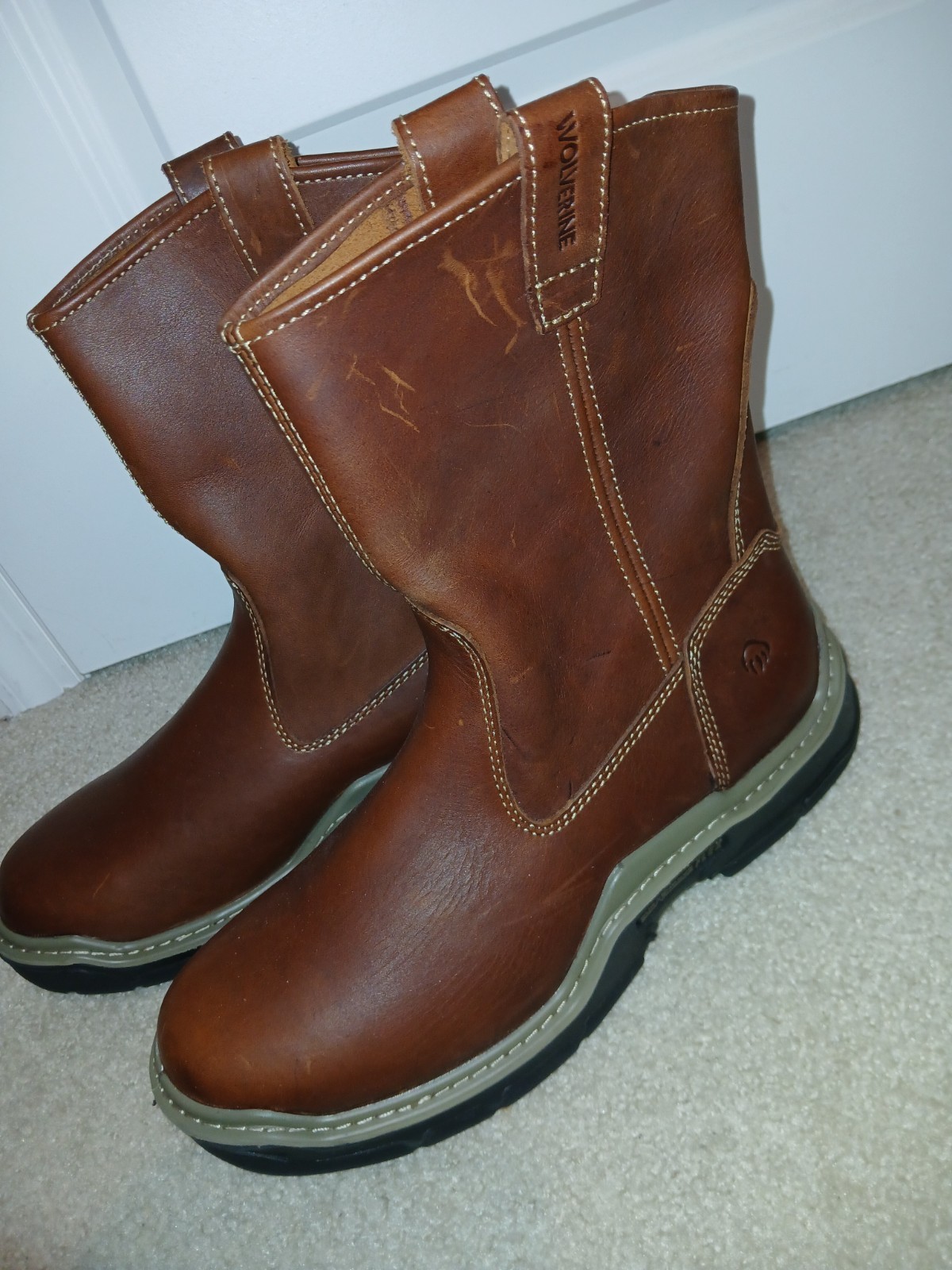 Wolverine Wellington Men’s Brown Leather Work Boots Slip Resistant Size 12