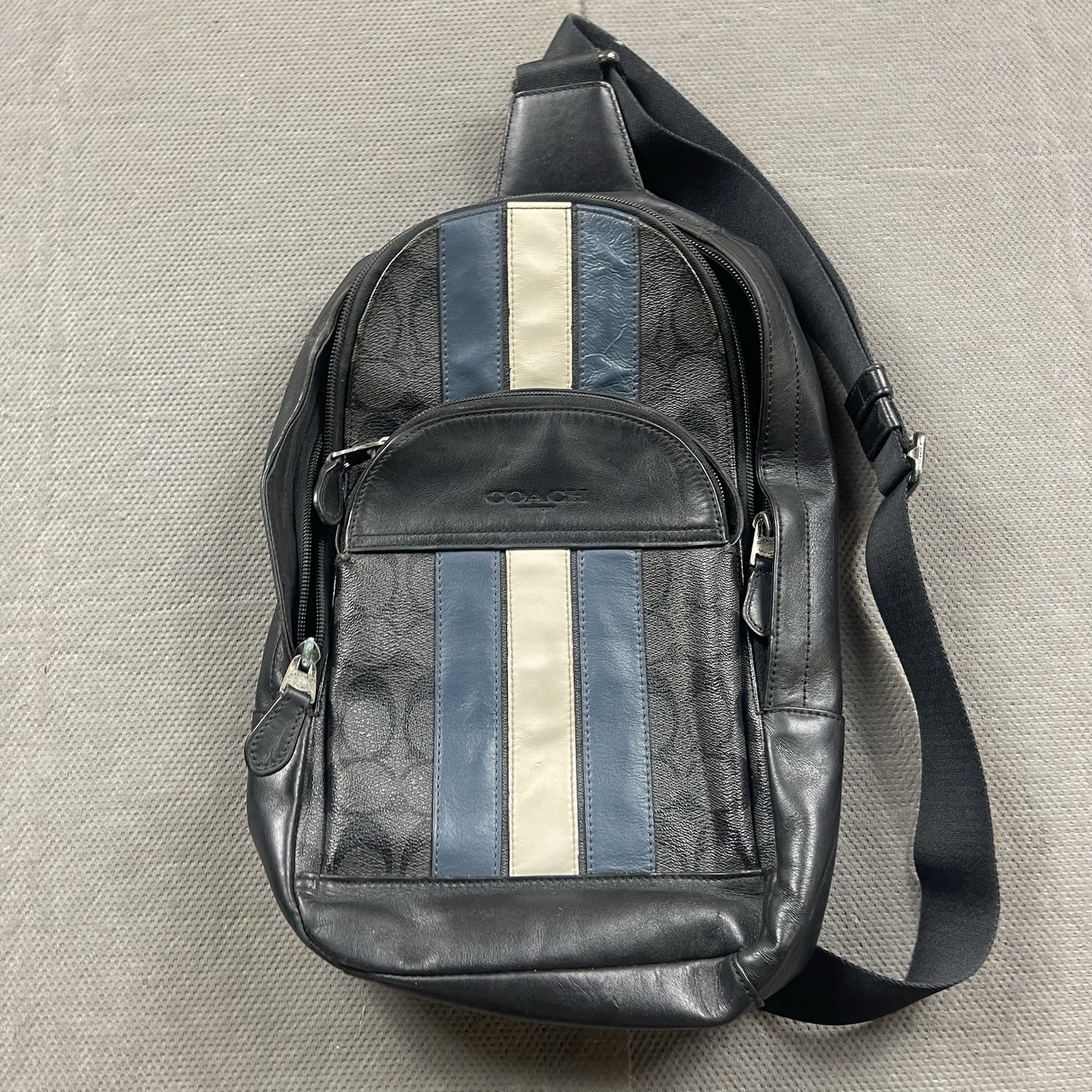 Coach West Pack Varsity Stripe Sling Signature Canvas Leather Carry Bag See
