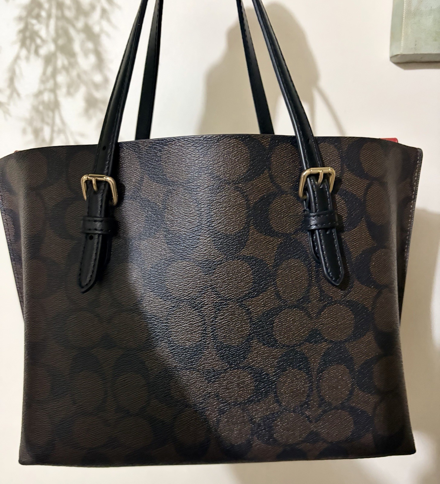 Coach Signature Monogram Tote Brown/Black w/ Red Pouch