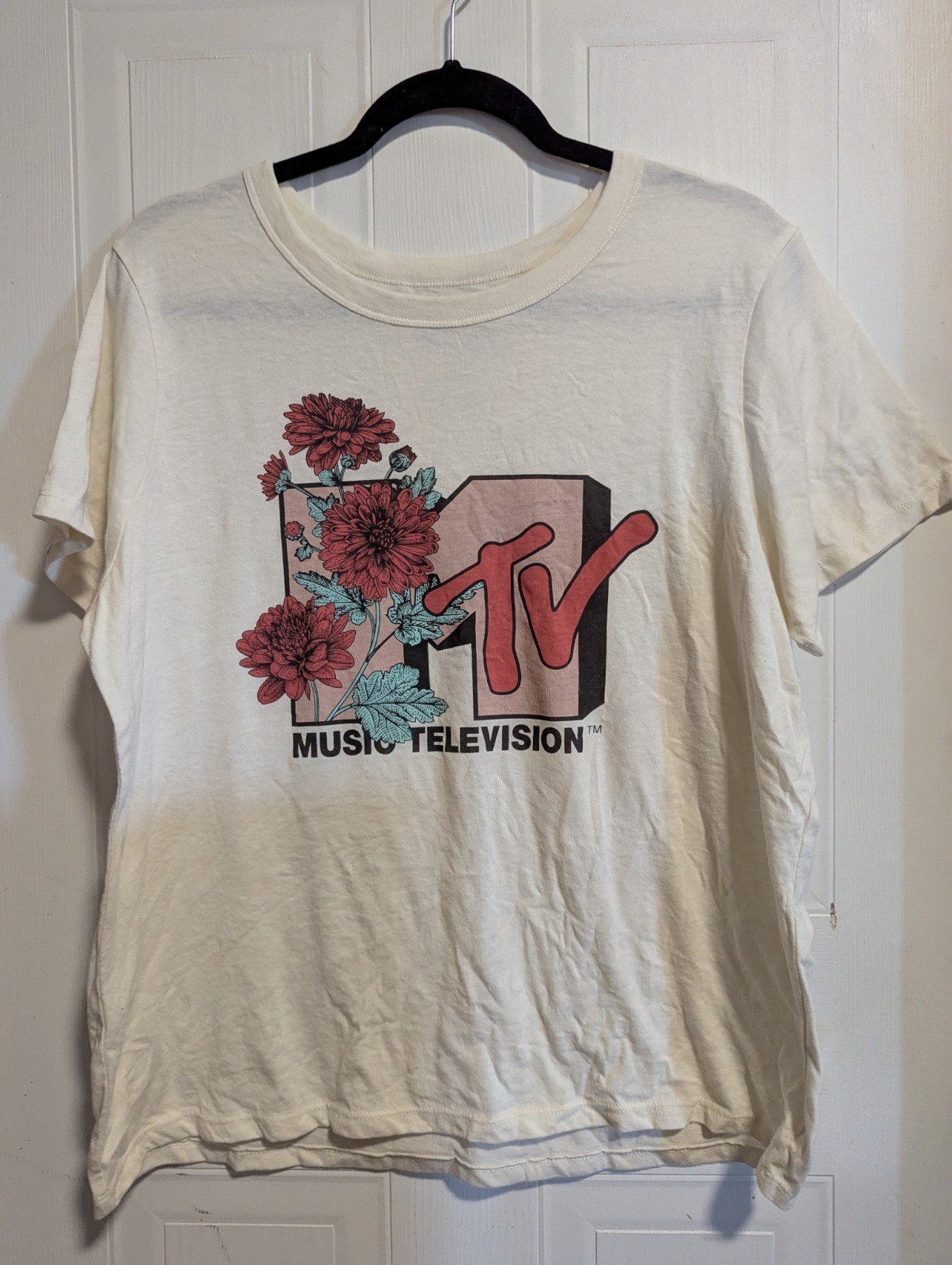 MTV Music Television Floral Logo Graphic White Crew Neck T-Shirt XL