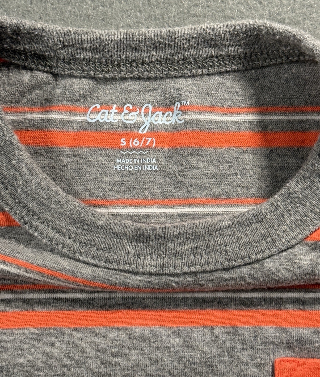 Cat & Jack Boys Gray/Orange/White Striped Pocket Crew Neck Tee S (6/7)
