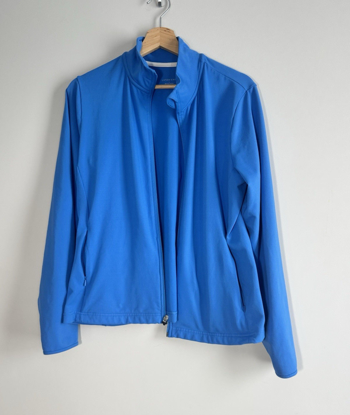 Lands’ End Women’s Blue Track Jacket L Full Zip Pockets Thumbholes