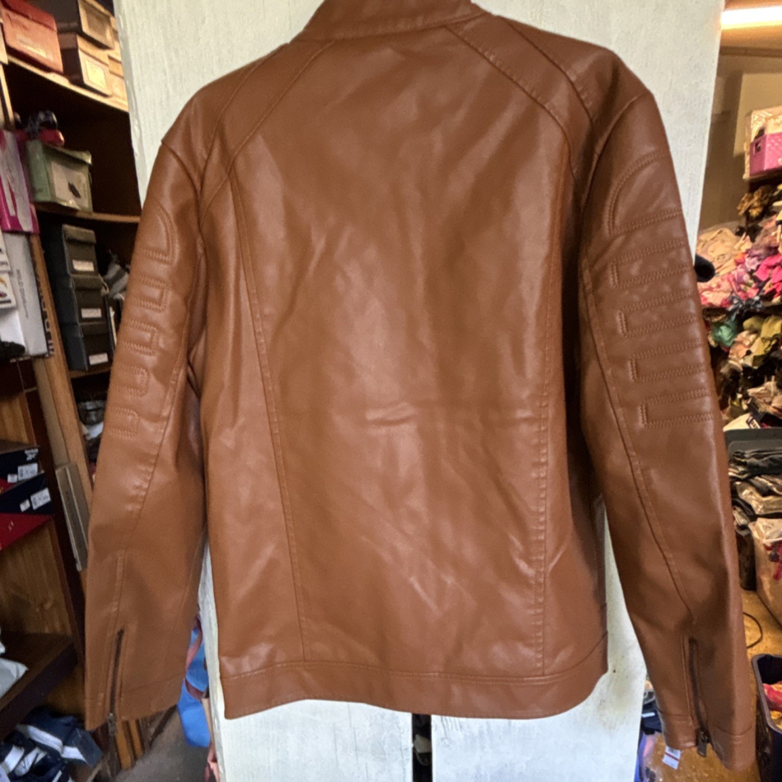 LEDUNTINO Men’s Brown Faux Leather Full Zip Biker Jacket Band Collar Lined M