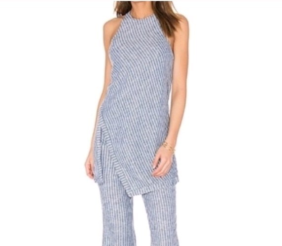 Free People Women’s Asymmetrical Linen Striped Blue And White Tank Top sz 4