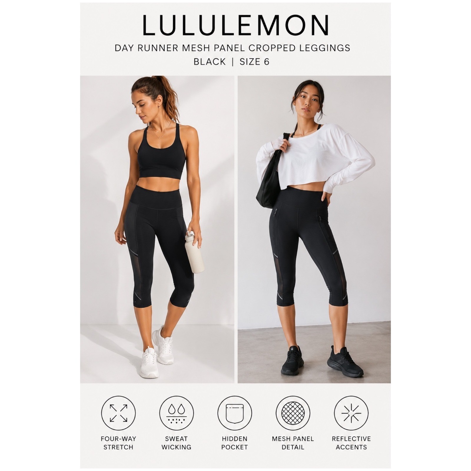 Lululemon Day Runner Mesh Panel Cropped Leggings Black 6