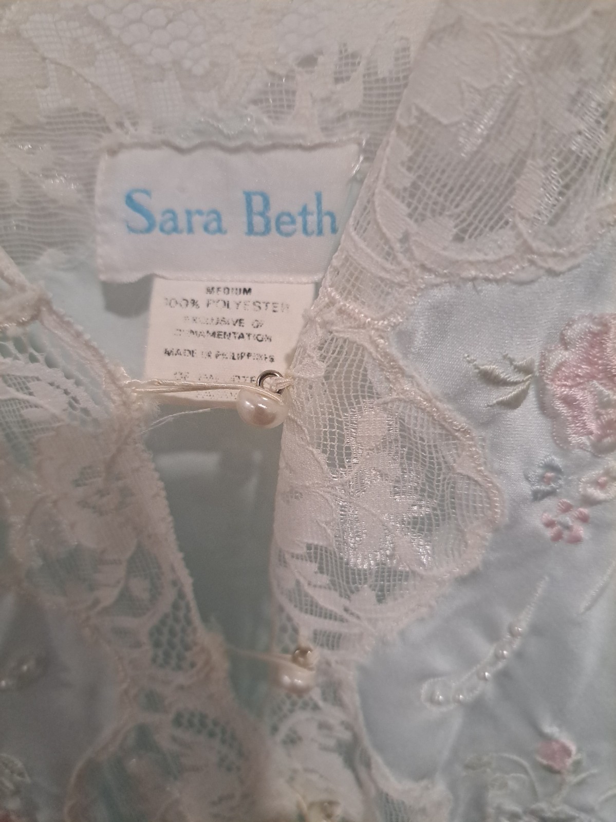 Vtg Sara Beth Gown M Pale Aqua Lace Bodice Curved Slit Hem Pearl Button Soft