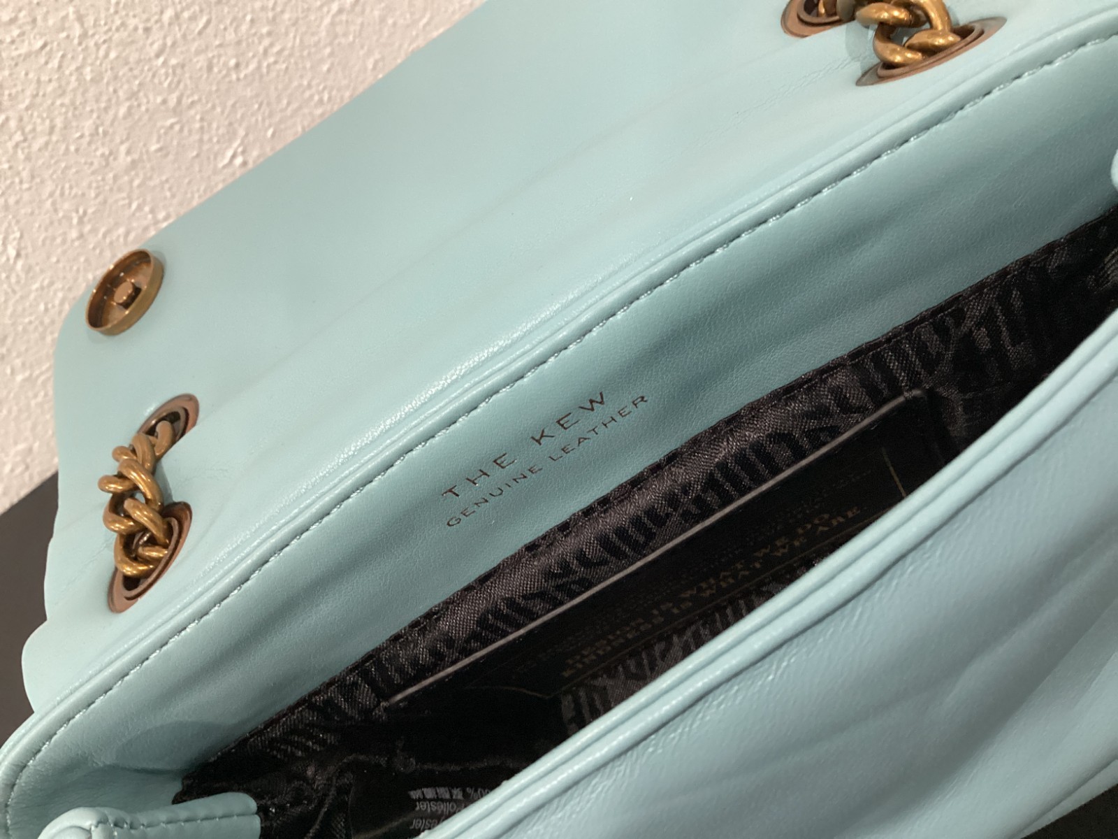 Kurt Geiger Mini Kew 7.75″ x 5″ x 2.5″ Soft Leather Mid Blue Antique Brass New