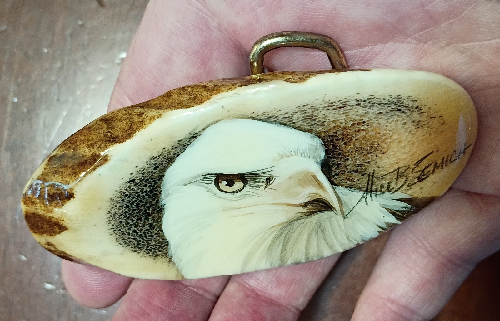 VINTAGE ANTLER BELT BUCKLE BALD EAGLE PAINTING USA ALICE B SEMICH NOS NICE!