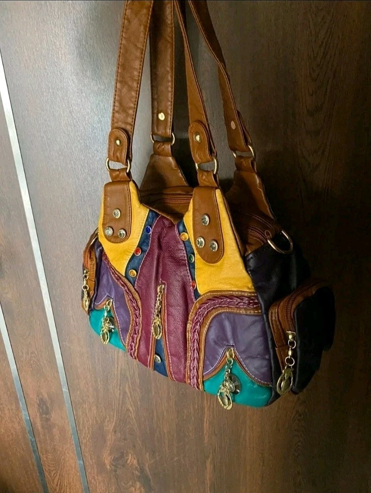 Y2K Boho Patchwork Hobo Bag Multi-Color Ostrich Gemstone Studded Moto Purse NEW