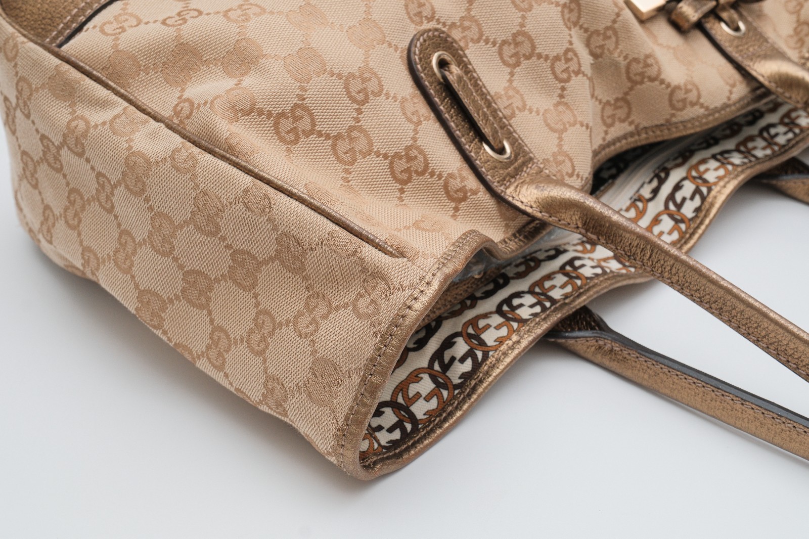 GUCCI Princy Tote Shoulder Hand Bag GG Canvas Gold