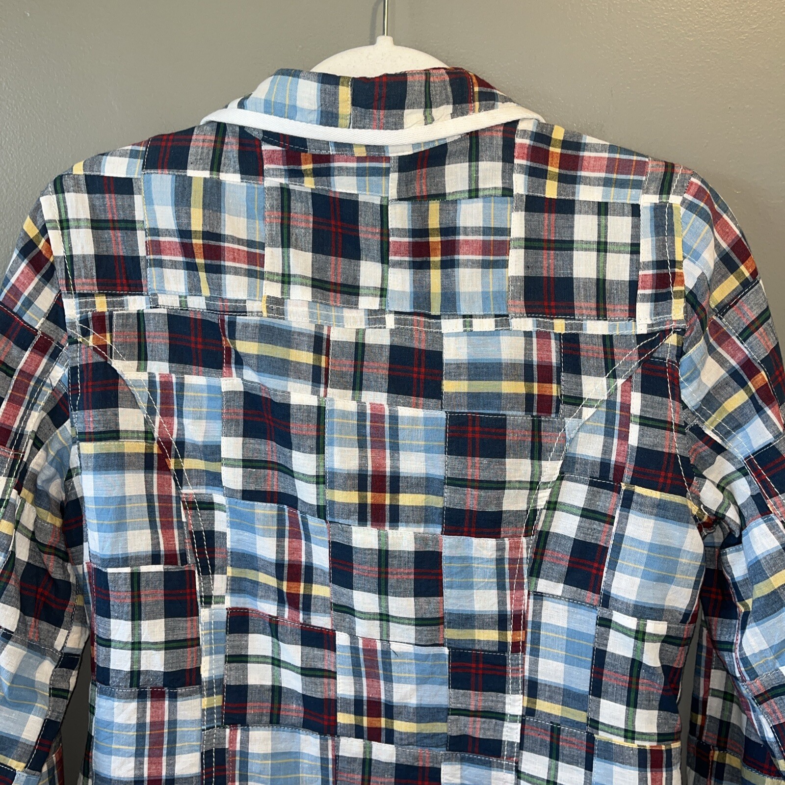 Bill Blass Jeans Quilted Patchwork Blazer Womens M Blue Plaid Cotton Jacket