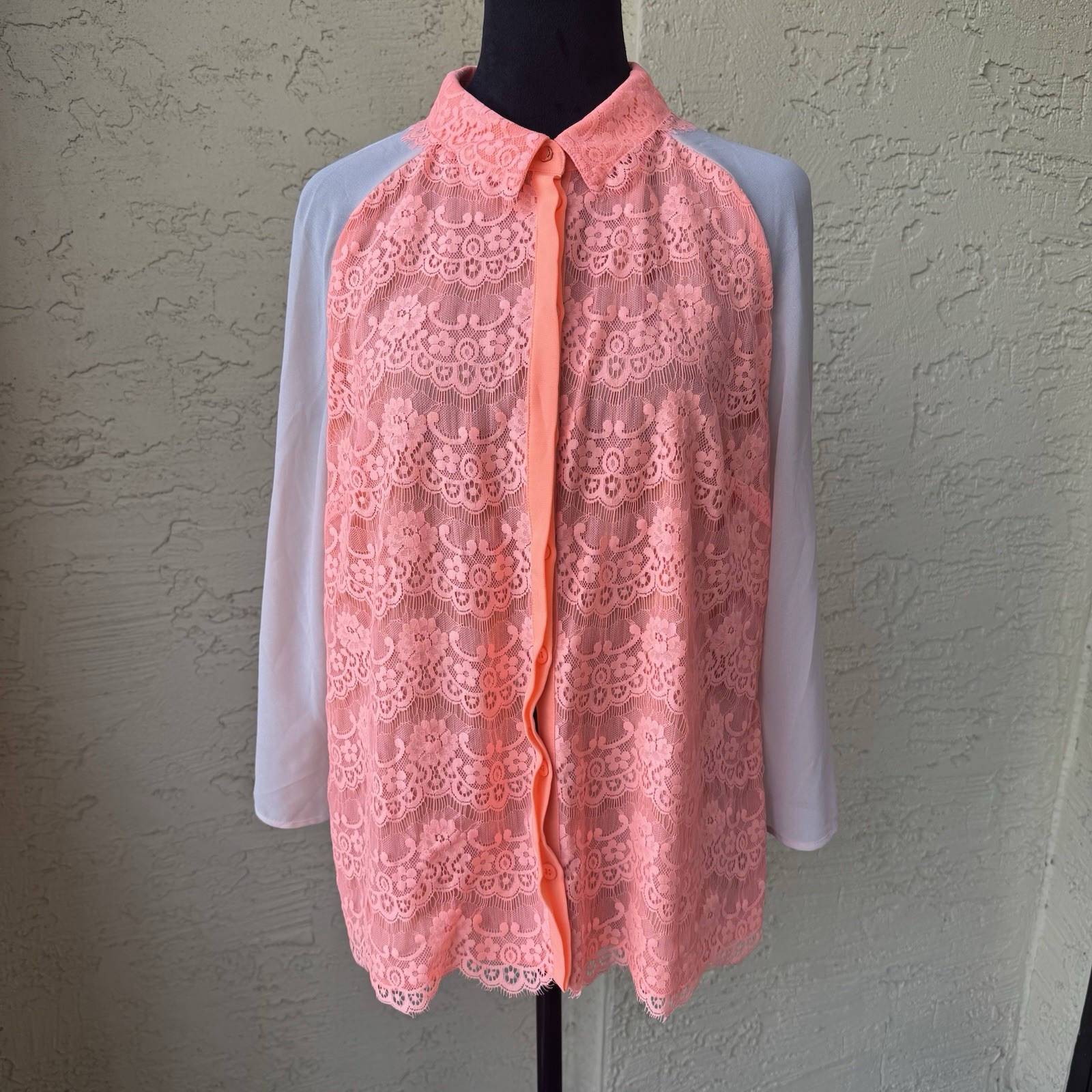 Ted Baker Abra Lace Bib Salmon Orange Blouse Shirt Top Sz 4 3/4 Sleeve Collared