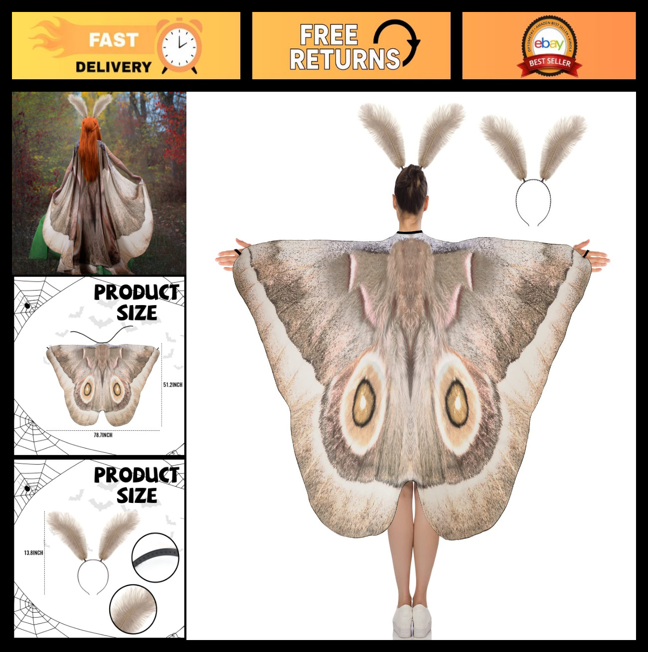 2 Pcs Halloween Moth Butterfly Wings Cape Costume with Feather Ant Headband