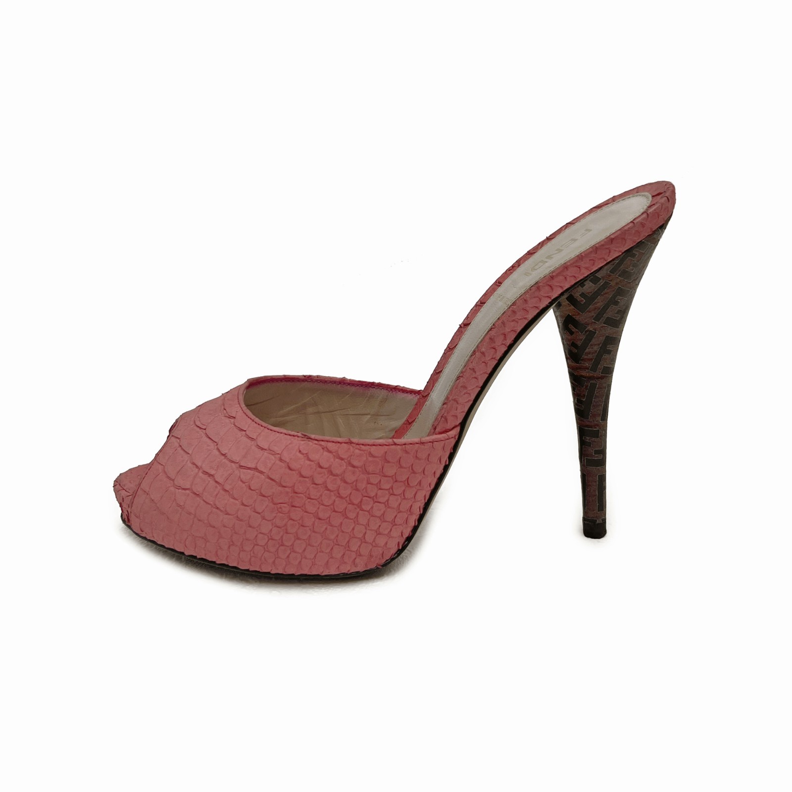 Fendi Zucca Print Heel Coral Pink Snakeskin Peep Toe Mules US: 8,5 / EUR: 38,5