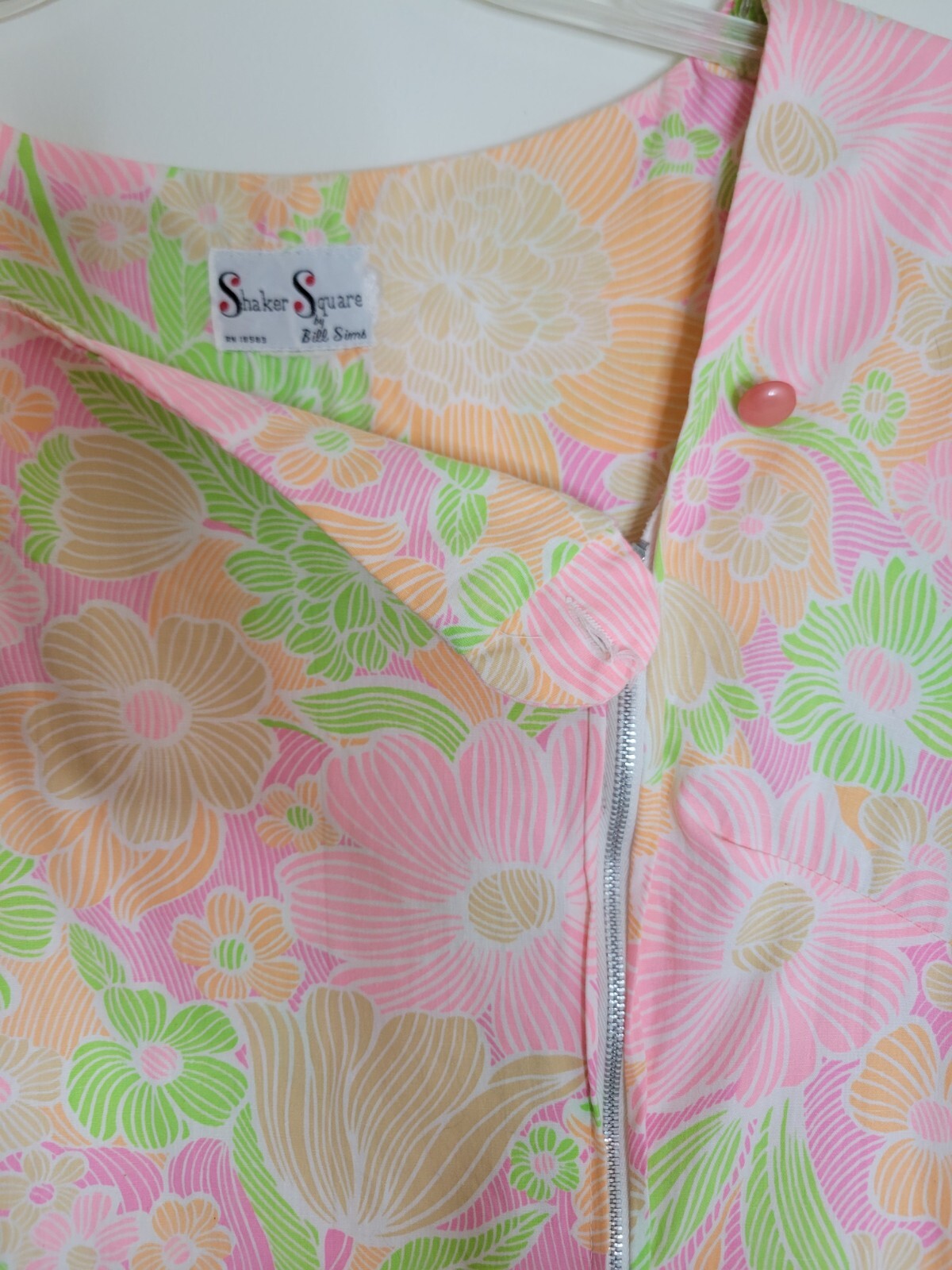 Vintage Shaker Square Neon Floral Zip Front A-Line Shift House Dress