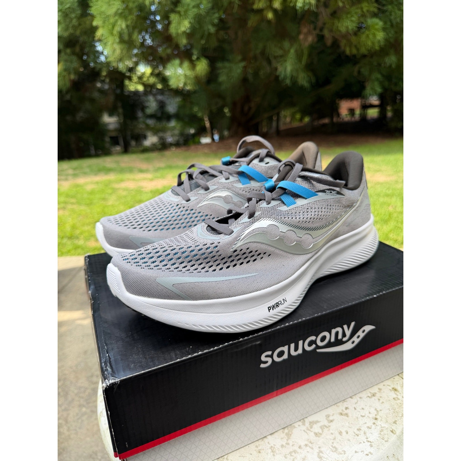 NEW Saucony Ride 15 Men’s 12.5 Running Shoes Gray Blue PWRRUN Road Runner
