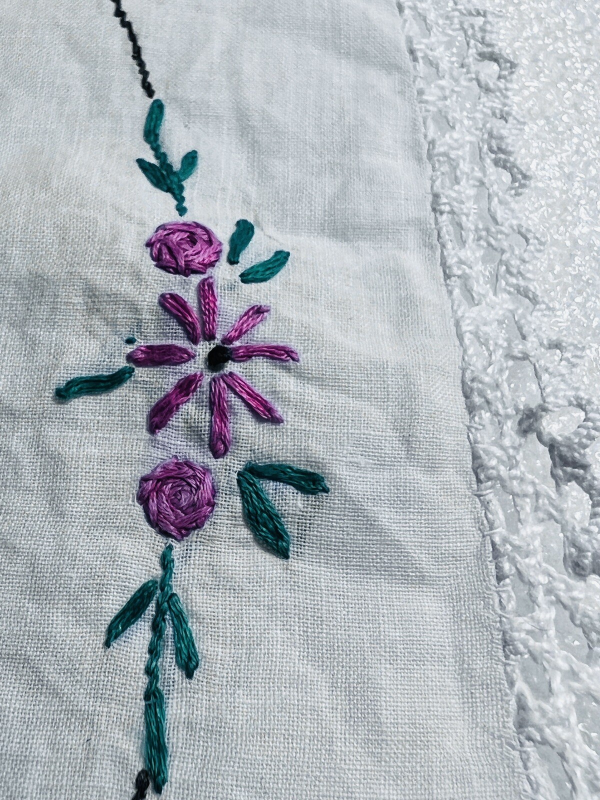 Lace Hand Stitched Handkerchief Lace Basket Of Flowers Tiny Very Light Stain