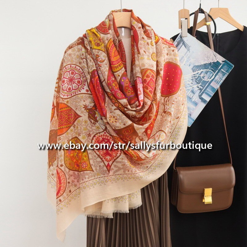 Sallys 200s Cashmere Thin Scarf Wrap Shawl Leaves Print Soft Delicate 78″*39″
